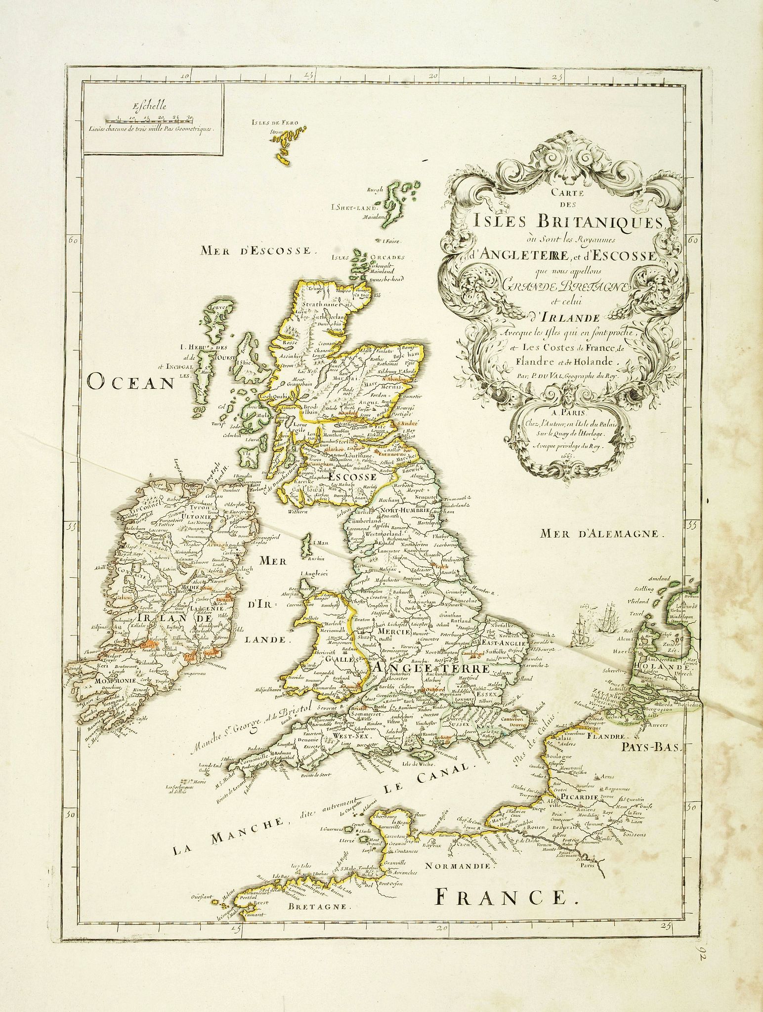 DU VAL, P., Carte des Isles Britanniques où sont les Royaumes d'Angleterre et d'Ecosse que nous appellons Grande Bretagne et celui d'Irlande avec les isles qui en sont proche . . ., antique map, old maps