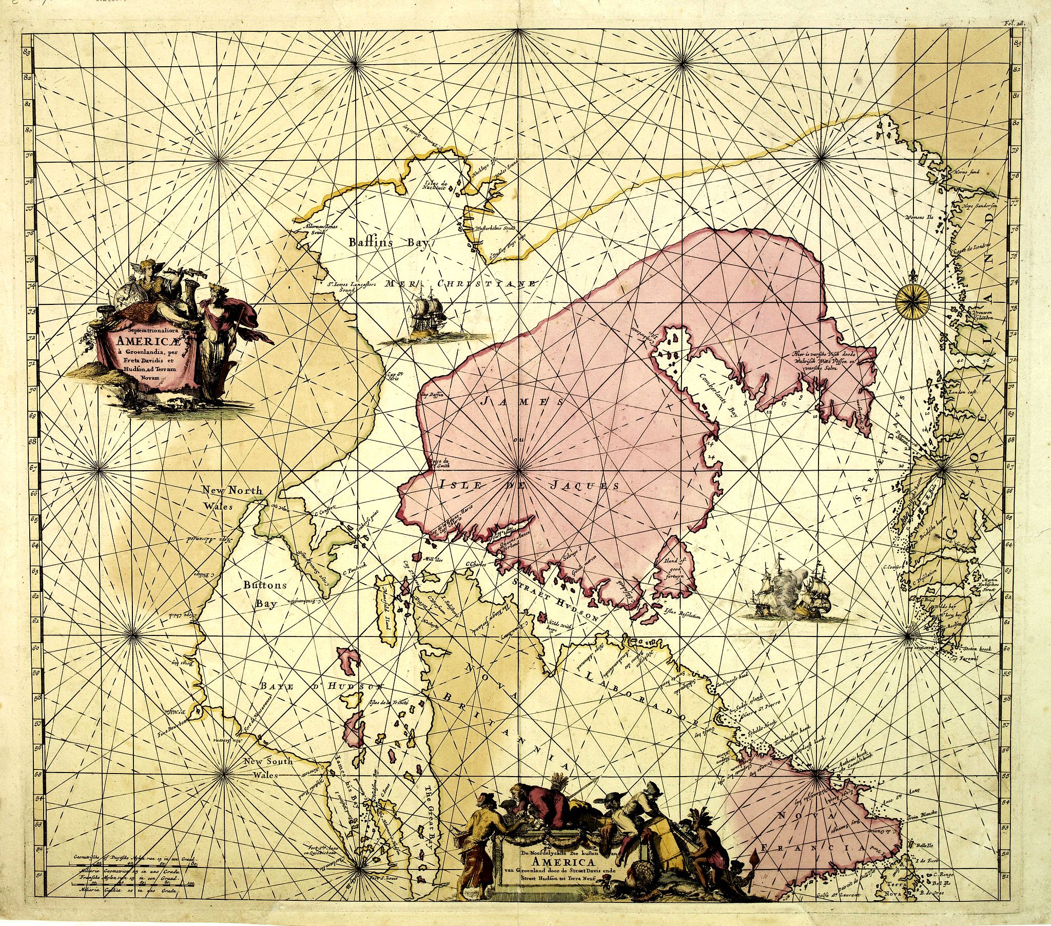 DE WIT, F., Septemtrionaliora Americae & Groenlandia, per Freta Davidis., antique map, old maps