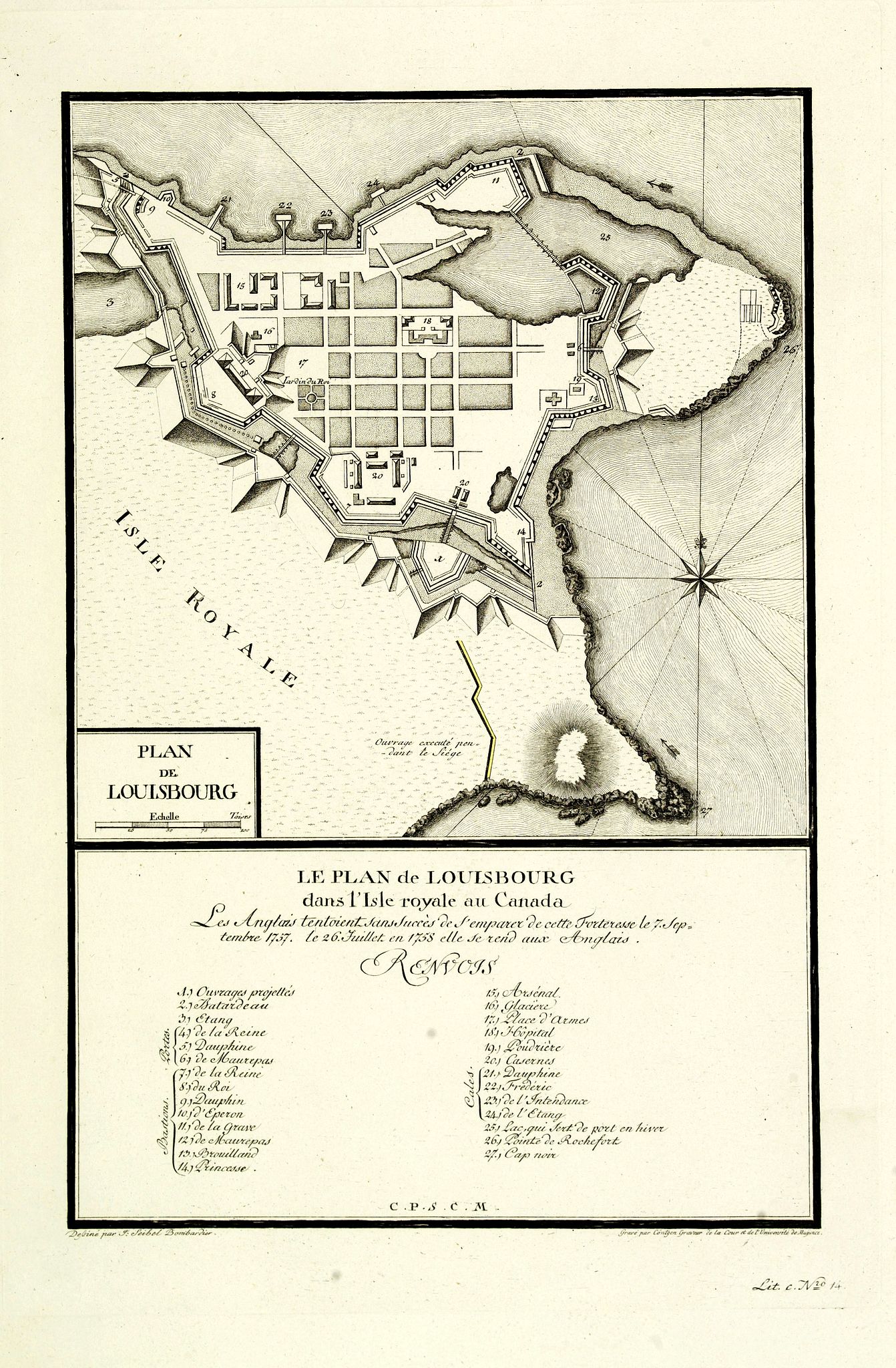 TERBU, L., Le plan de Louisbourg dans l'Isle Royale au Canada : Les Anglais tentoient sans succe`s de l'emparer de cette forteresse le 7 Septembre 1757, le 26 Juillet en 1758 elle se rend aux Anglais., antique map, old maps