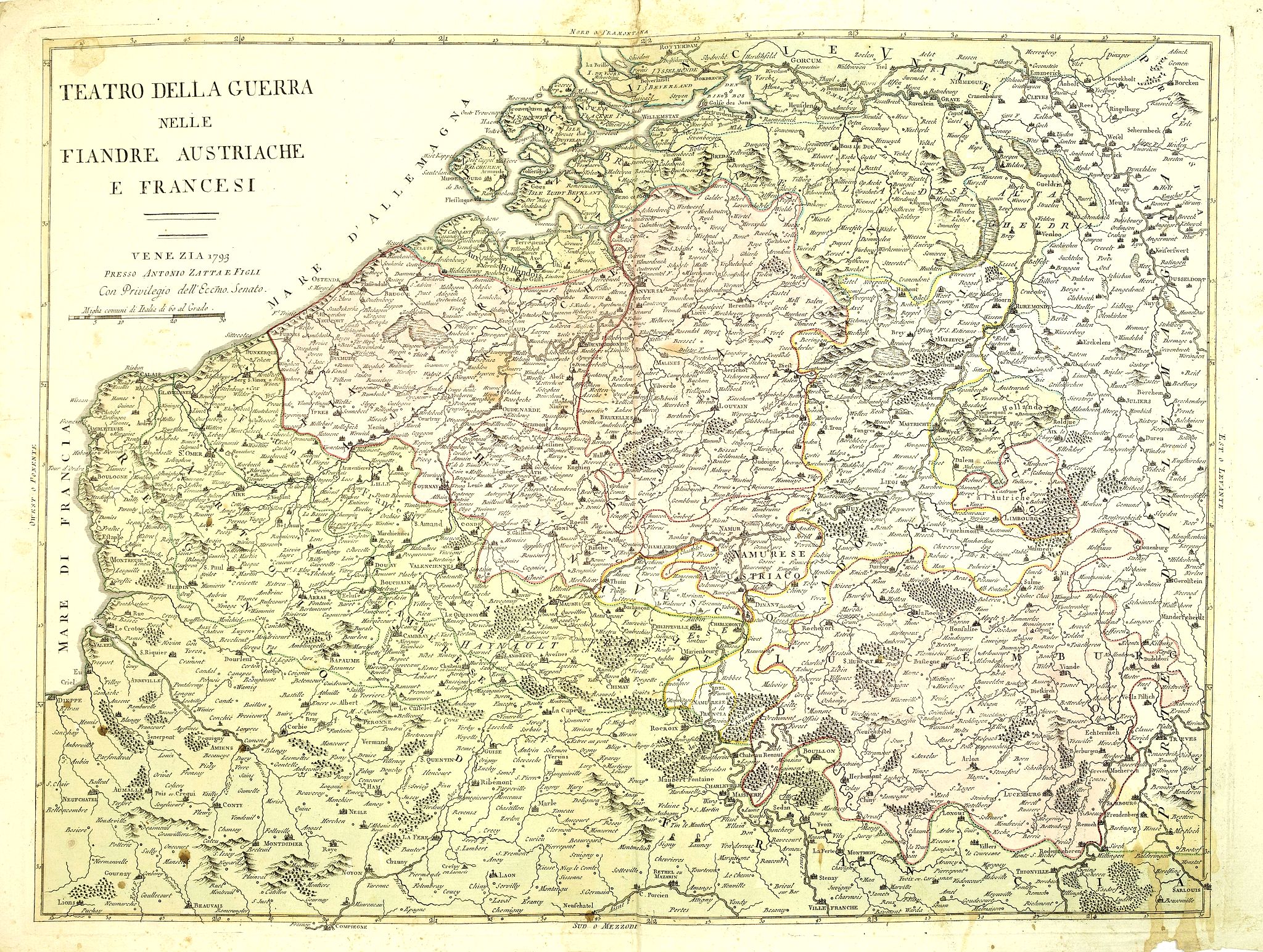 SOCIETA CALCOGRAFICA., Teatro della guerra nelle Flandre Austriache e Francesi. . ., antique map, old maps