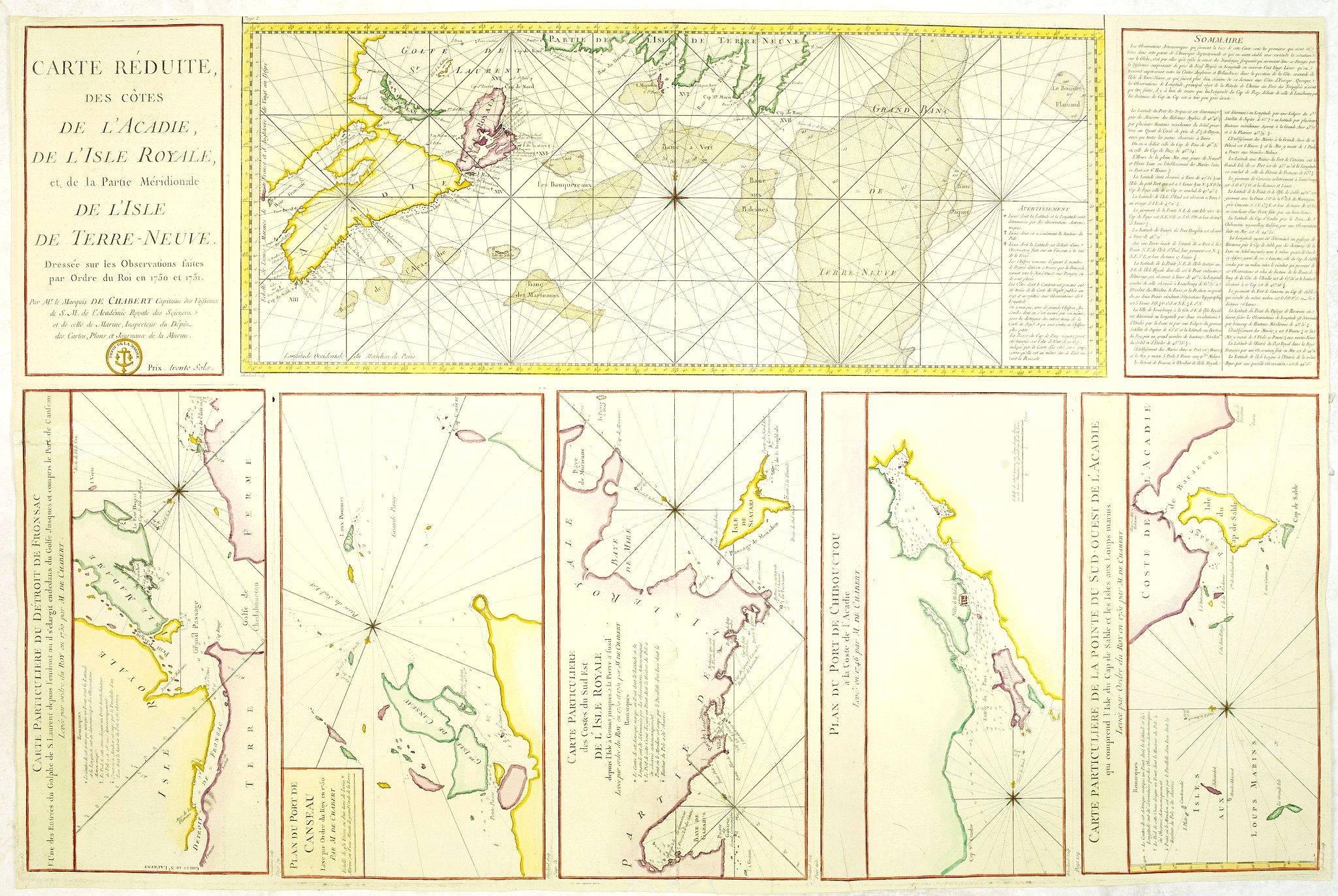 DÉPÔT GÉNÉRAL DE LA MARINE / BELLIN, J.N., Carte Réduite des Côtes de l'Acadie et de la partie Méridionale de l'Isle de Terre-Neuve, antique map, old maps