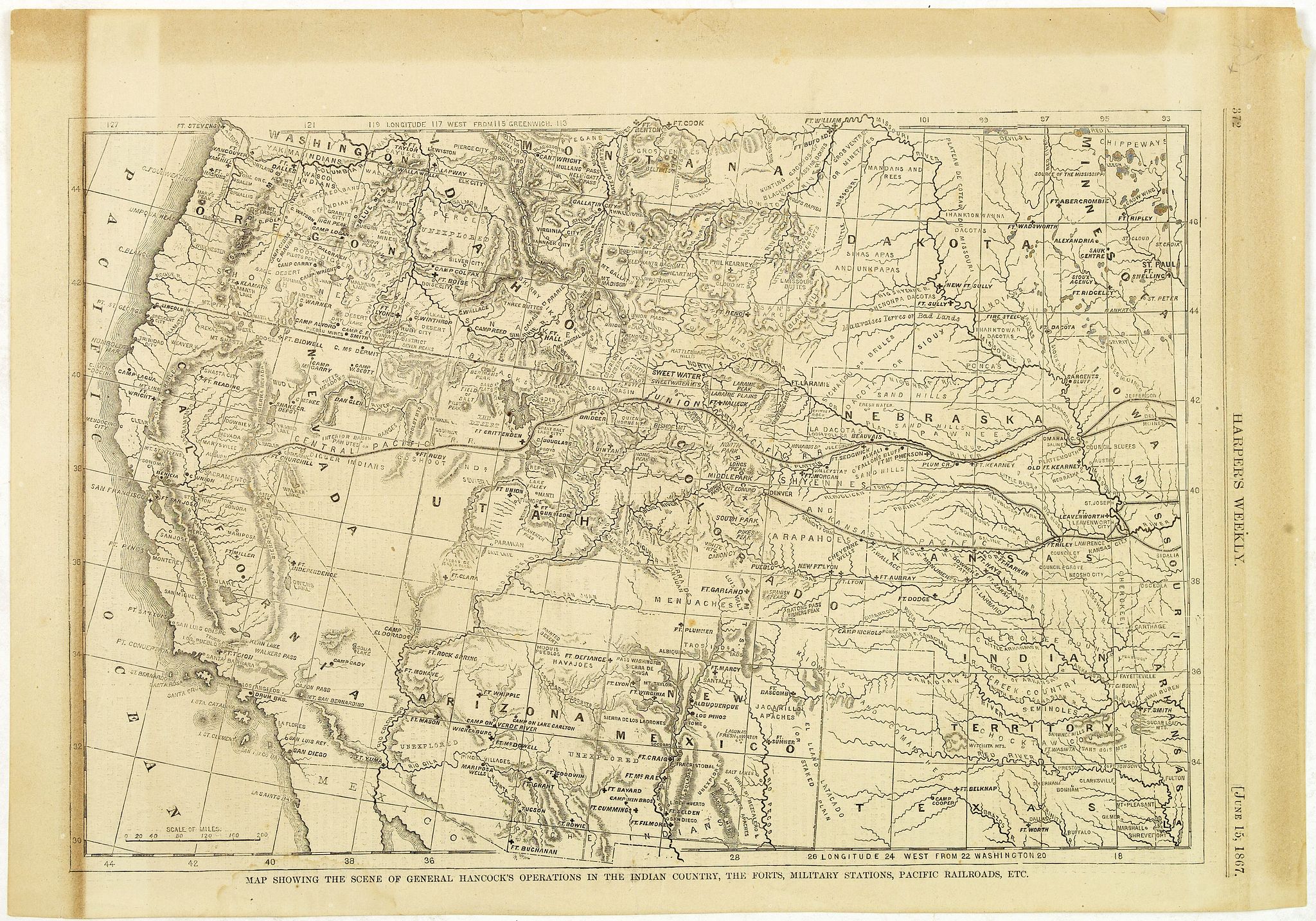 HARPER's WEEKLY, Map Showing the Scene of General Hancocks Operations in the Indian Country, the Forts, military stations, Pacific railroads etc., antique map, old maps