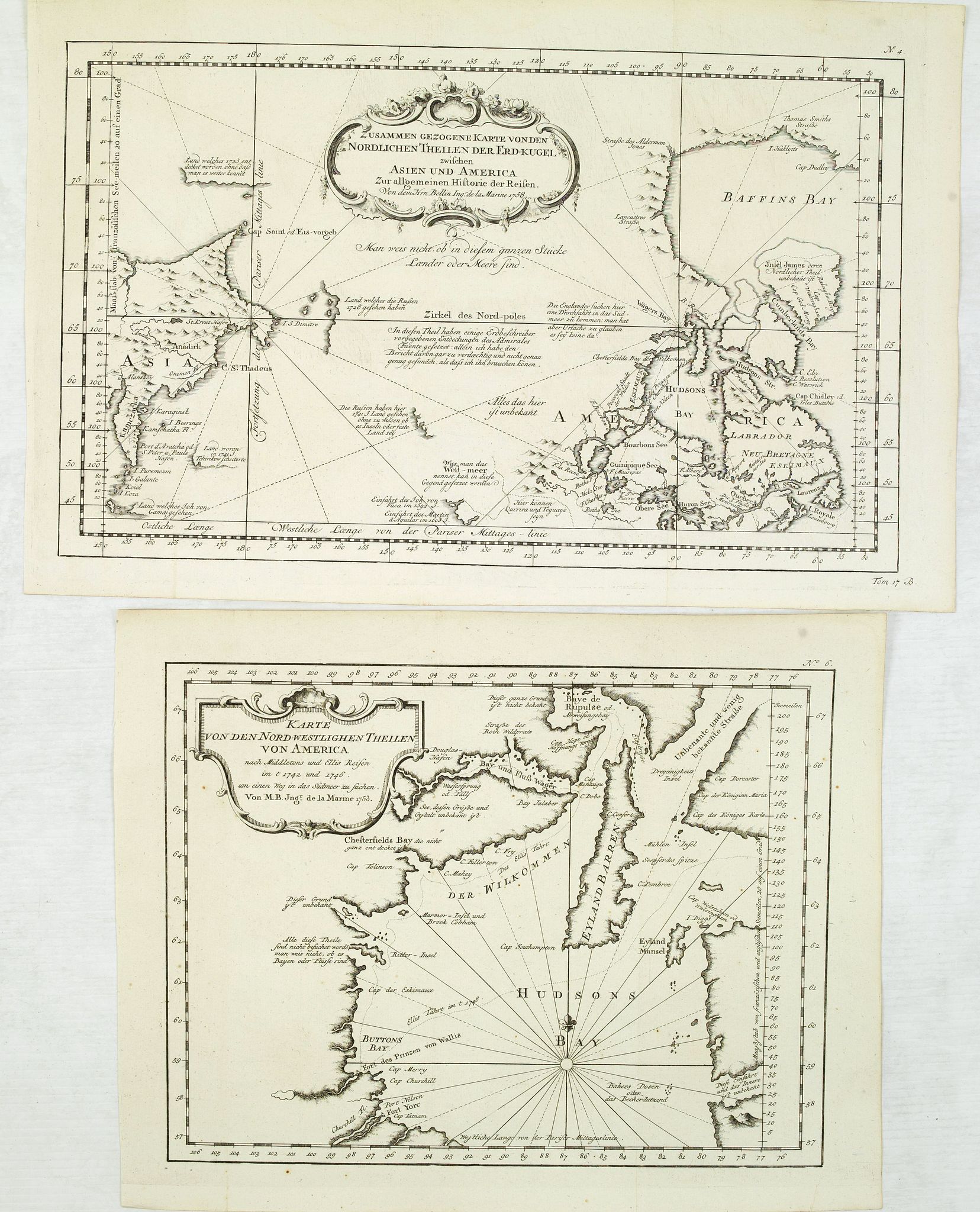 BELLIN, J.N. / ARKSTEE / MERKUS, Two maps of North American interest., antique map, old maps