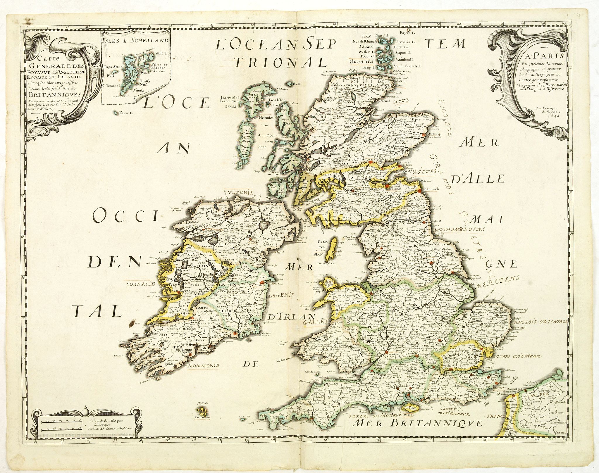 SANSON, N. / MARIETTE, P., Carte Generale des Royaume d'Angleterre Escosse et Irlande Avecq les Isles circonvoisines Conues toutes soubs le nom de Britanniques / Nouvellement dressee et tiree de Cambdene Spede & autres Par N. Sanson geogr.e Ord.re du Roy, antique map, old maps