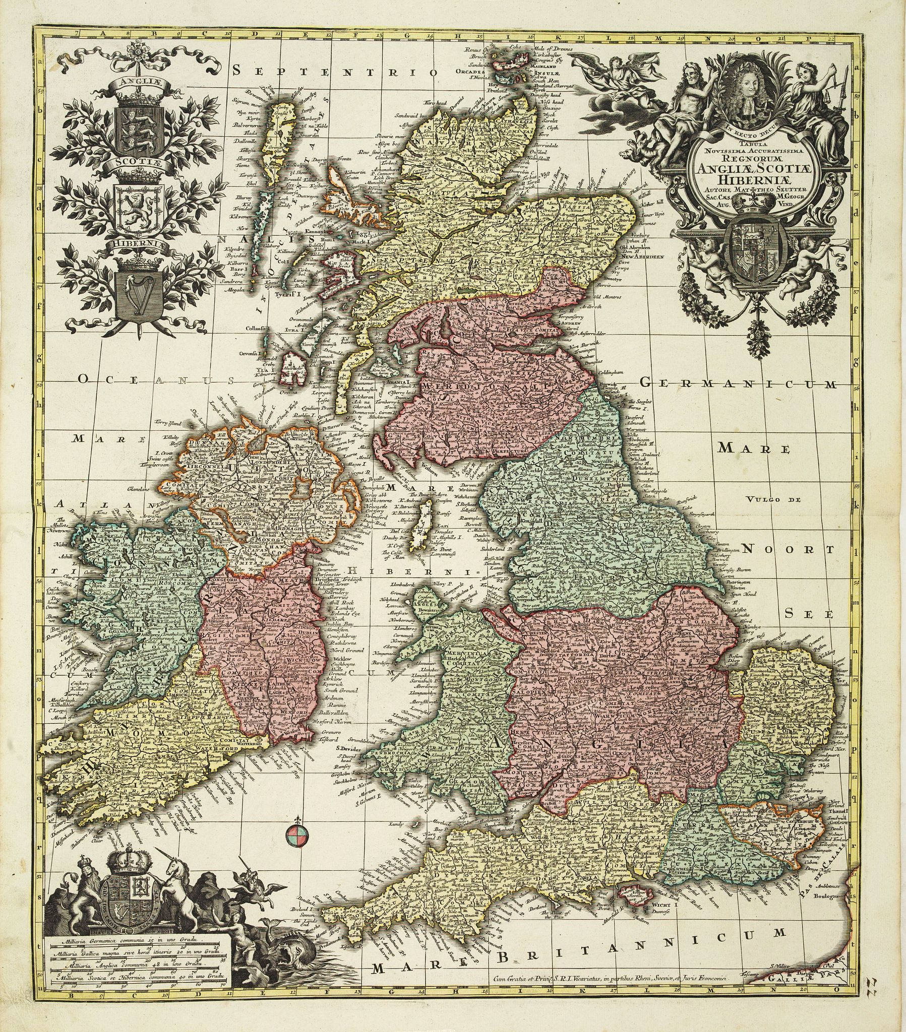 SEUTTER, M., Tabula Novissima Accuratissima Regnorum Angliae, Scotiae, Hiberniae. . ., antique map, old maps