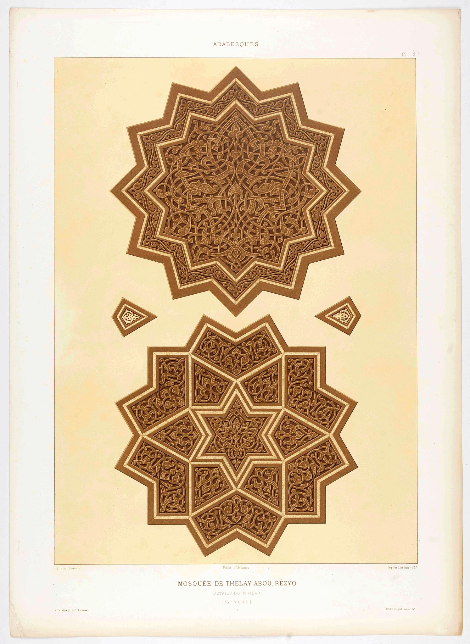 PRISSE D'AVENNES, E., Arabesques. - Mosquée de thelay abou-rézyq détails du Mimbar. . ., antique map, old maps