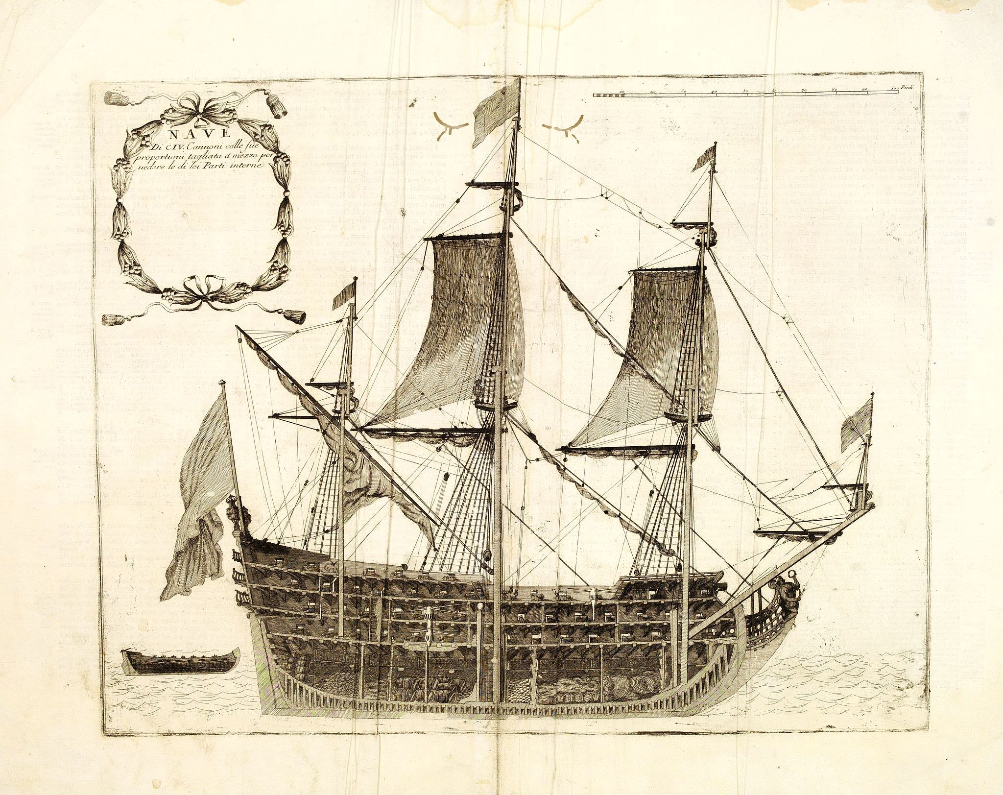 CORONELLI, V.M., Nave di CIV. Cannoni Colle fue proportioni tagliata à mezzo per. . ., antique map, old maps