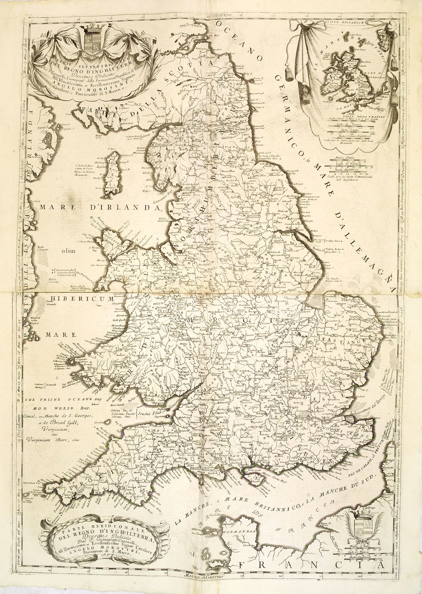 CORONELLI, V. M., Parte settentrionale del regno d'inghilterra. . ./ Parte meridioçnale des regno d'inghilterra. . ., antique map, old maps