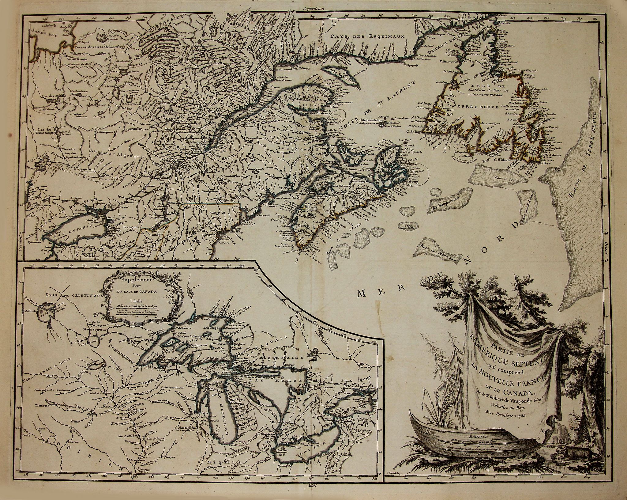 VAUGONDY, R. de, Partie de l'Amerique Septent? qui comprend la Nouvelle France ou le Canada. . ., antique map, old maps