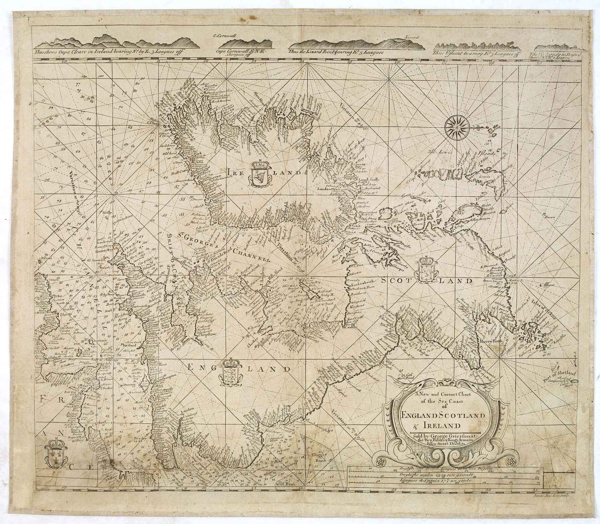 GIERSON, G., A New and Correct Chart of the Sea Coast of ENGLAND SCOTLAND & IRELAND Sold by George Grierson at the Two Bibles & Kings Arms in Essex Street Dublin, antique map, old maps