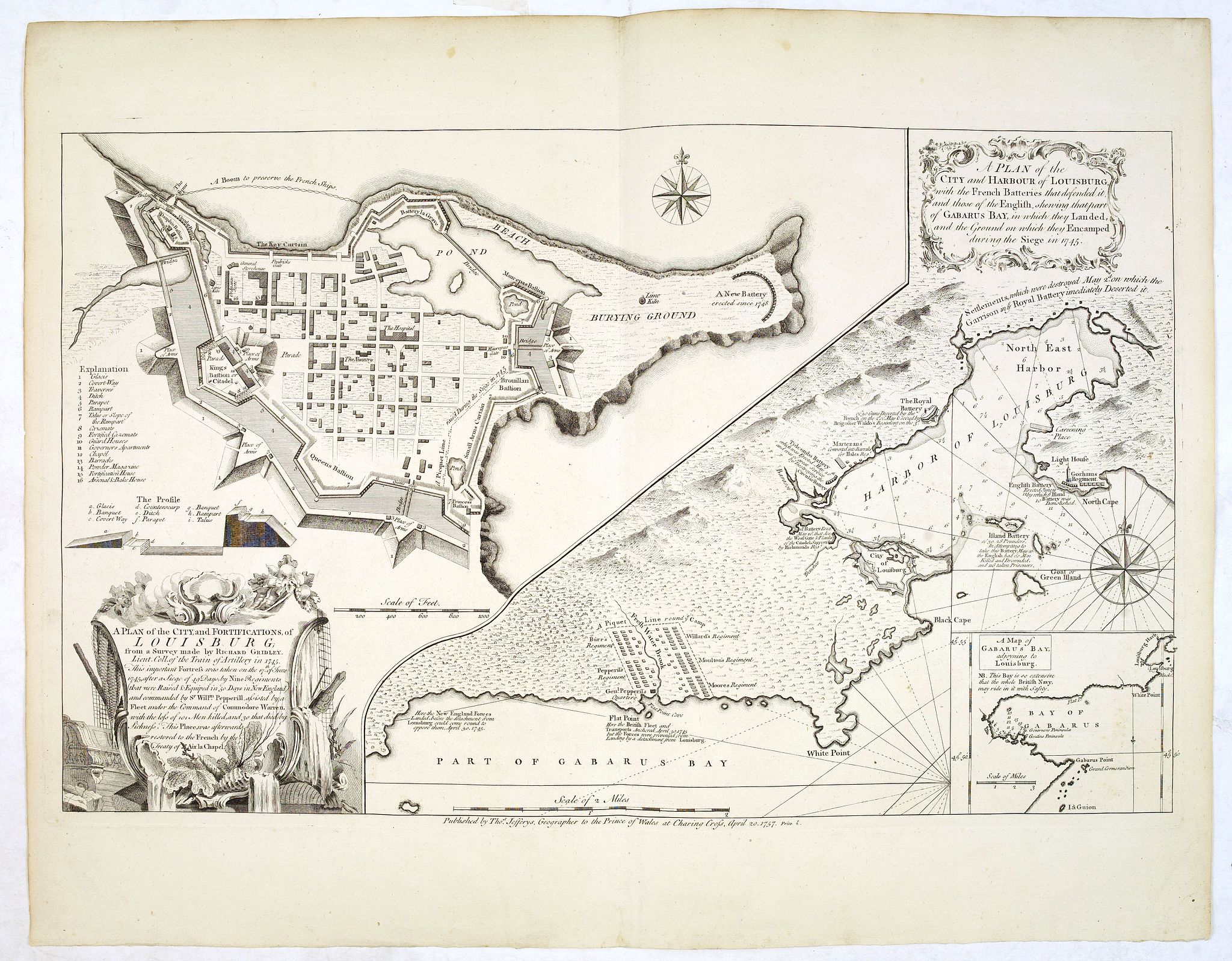 JEFFERYS, T., A Plan of the City, and Fortifications, of Louisburg, from a Survey made by Richard Gridley / A Plan of the City and Harbour of Louisburg., antique map, old maps