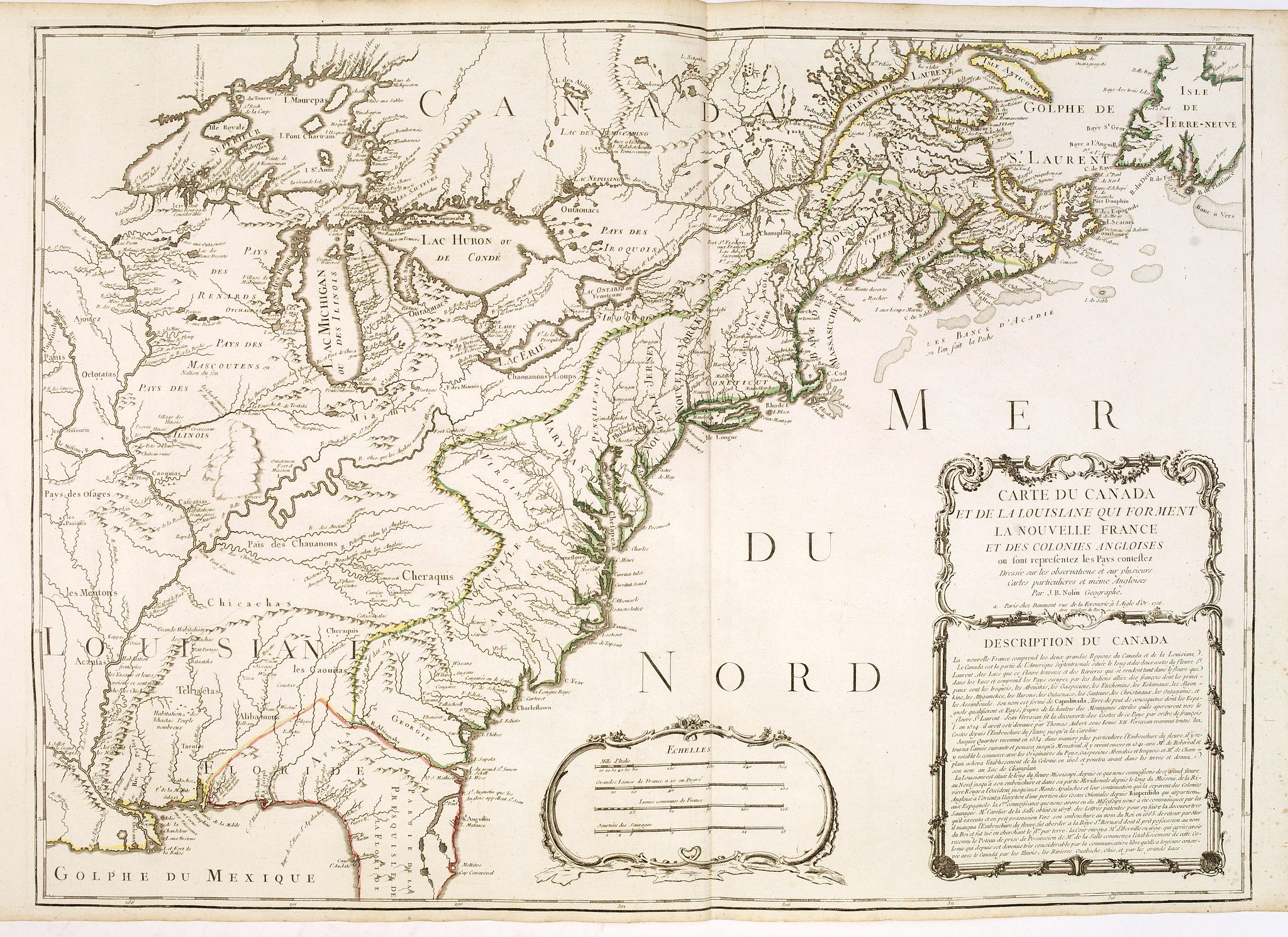 NOLIN, J.B., Carte Du Canada et de La Louisiane Qui Forment La Nouvelle France et Des Colonies Anglois . . . 1756, antique map, old maps