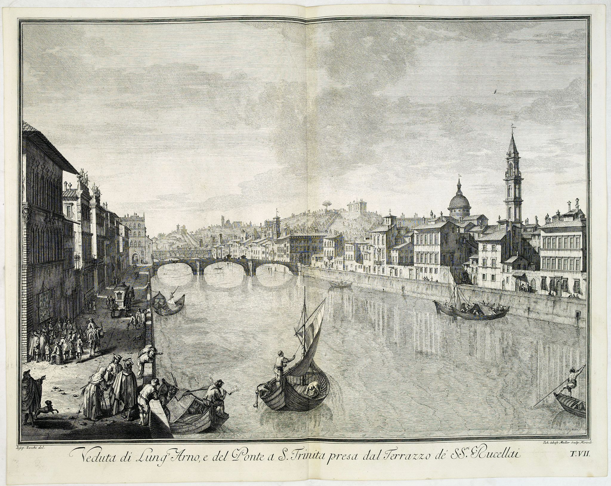 ZOCCHI, G., Veduta di Lung'Arno e del Ponte a S. Trinita presa dal Terrazzo de' SS.ri Rucellai., antique map, old maps