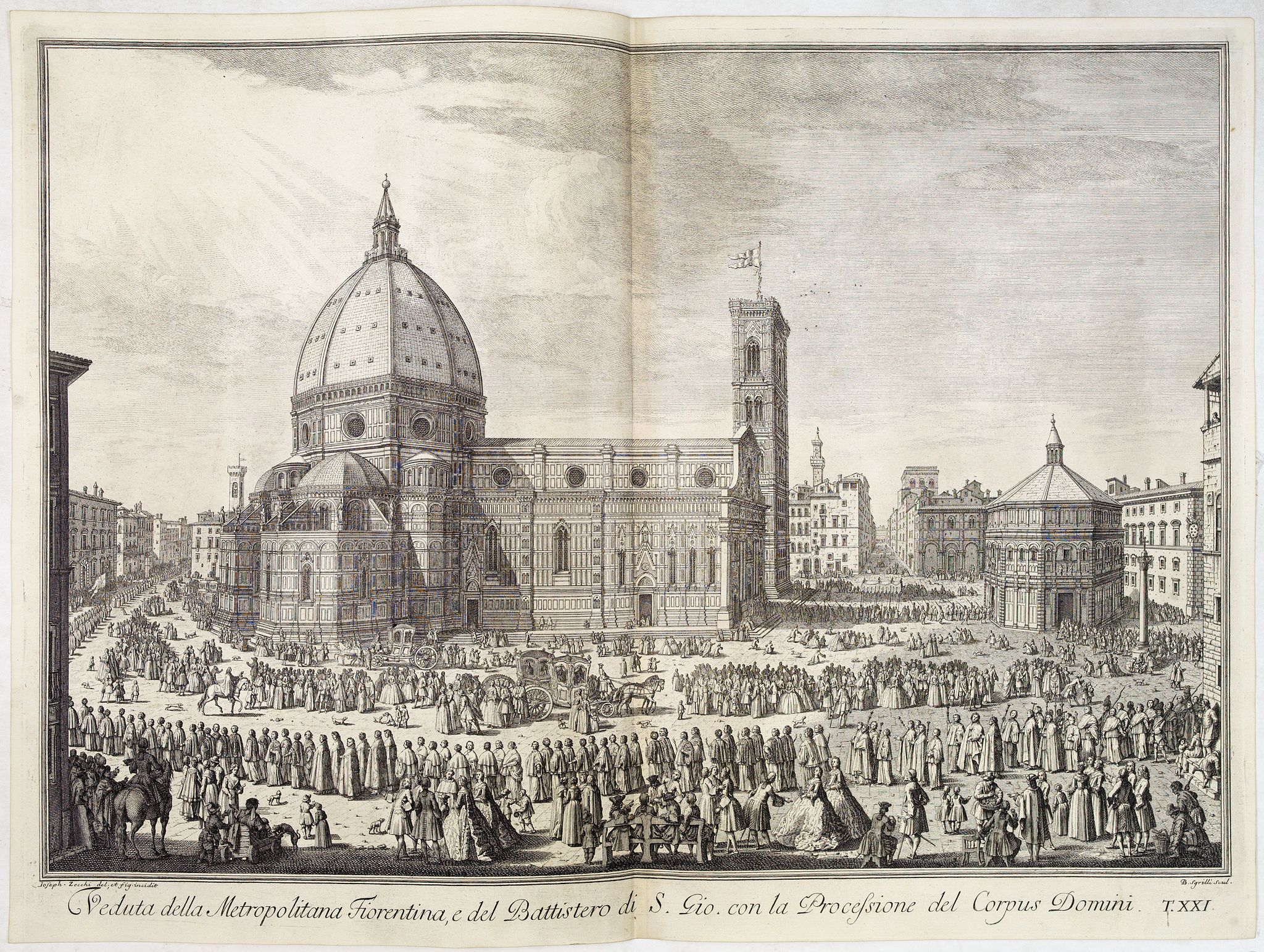 ZOCCHI, G., Veduta della Metropolitana Fiorentina, e del Battistero di S. Gio. con la Processione del Corpus Domini., antique map, old maps
