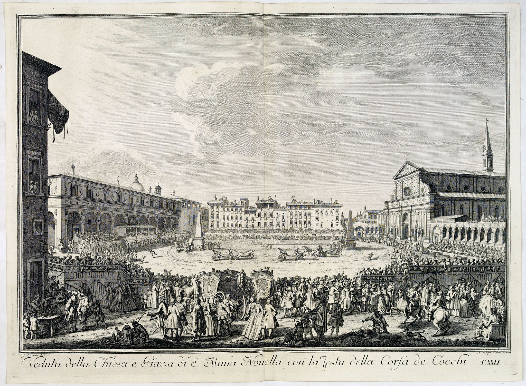 ZOCCHI, G., Veduta della Chiesa e Piazza di S. Maria Novella con la festa della Corsa de' Cocchi., antique map, old maps