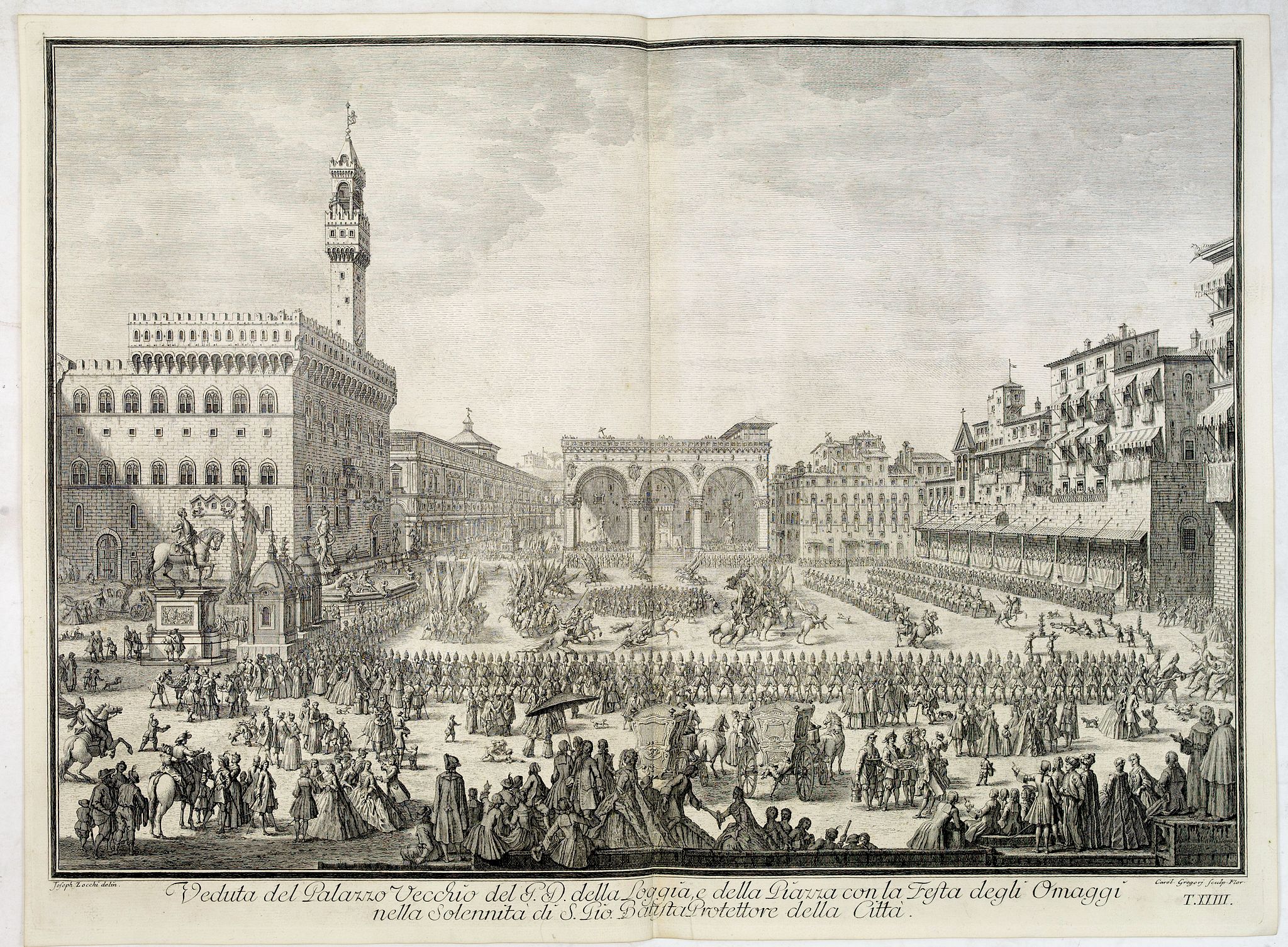 ZOCCHI, G., Veduta del Palazzo Vecchio del P.D. della Loggia e della Piazza con la Festa degli Omaggi nella solennità di S. Gio. Battista protettore della Città., antique map, old maps
