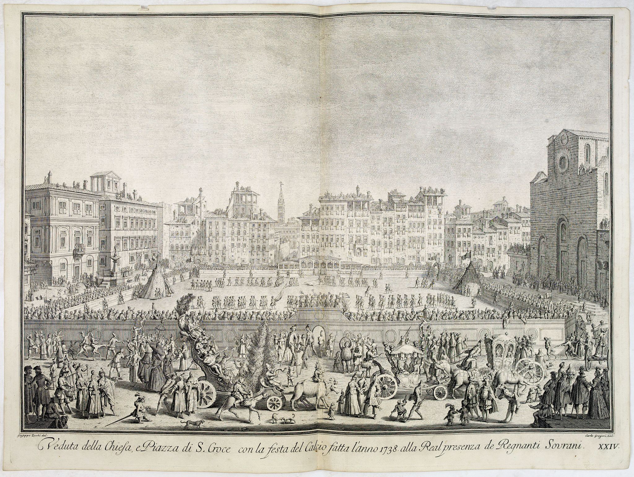 ZOCCHI, G., Veduta della Chiesa, e Piazza di S. Croce con la festa del Calcio fatta l'anno 1738 alla Real presenza de' Regnanti Sovrani., antique map, old maps