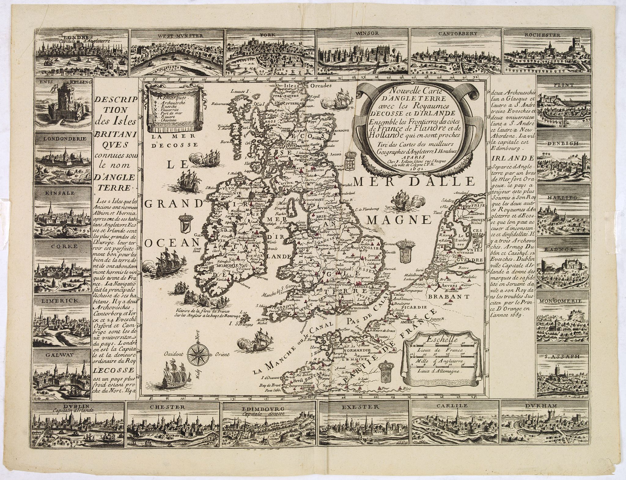 JOLLAIN, F., Nouvelle carte d'Angleterre avec les royaumes d'Ecosse et d'Irlande . . ., antique map, old maps