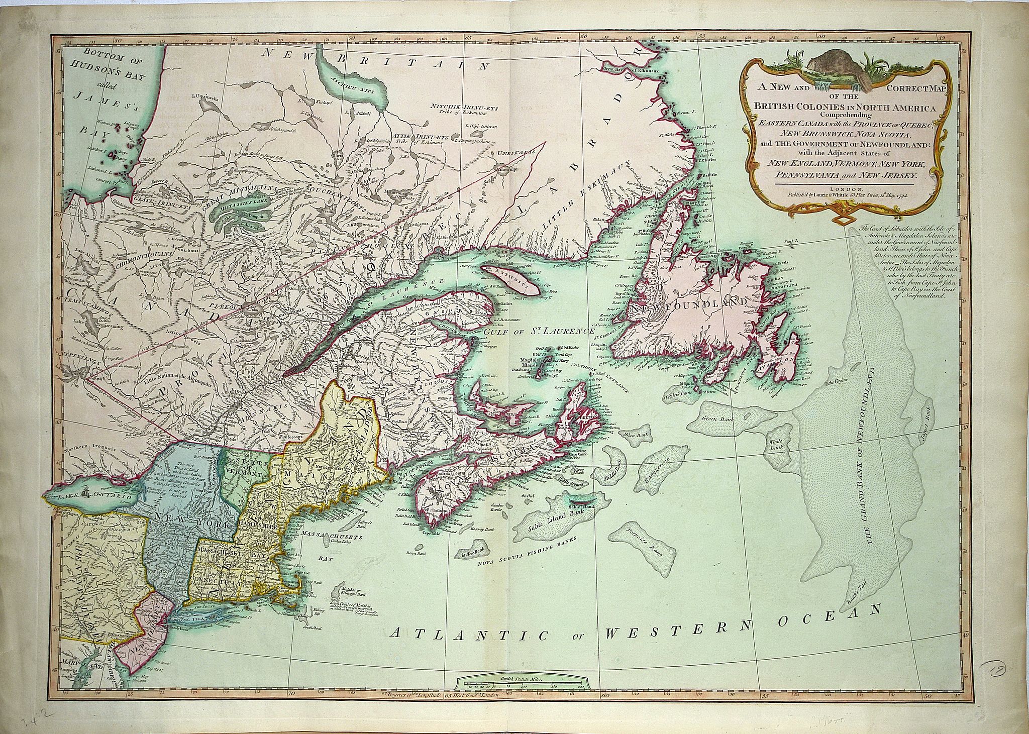 LAURIE & WITTLE, A new and correct map of the British Colonies in North America. . ., antique map, old maps