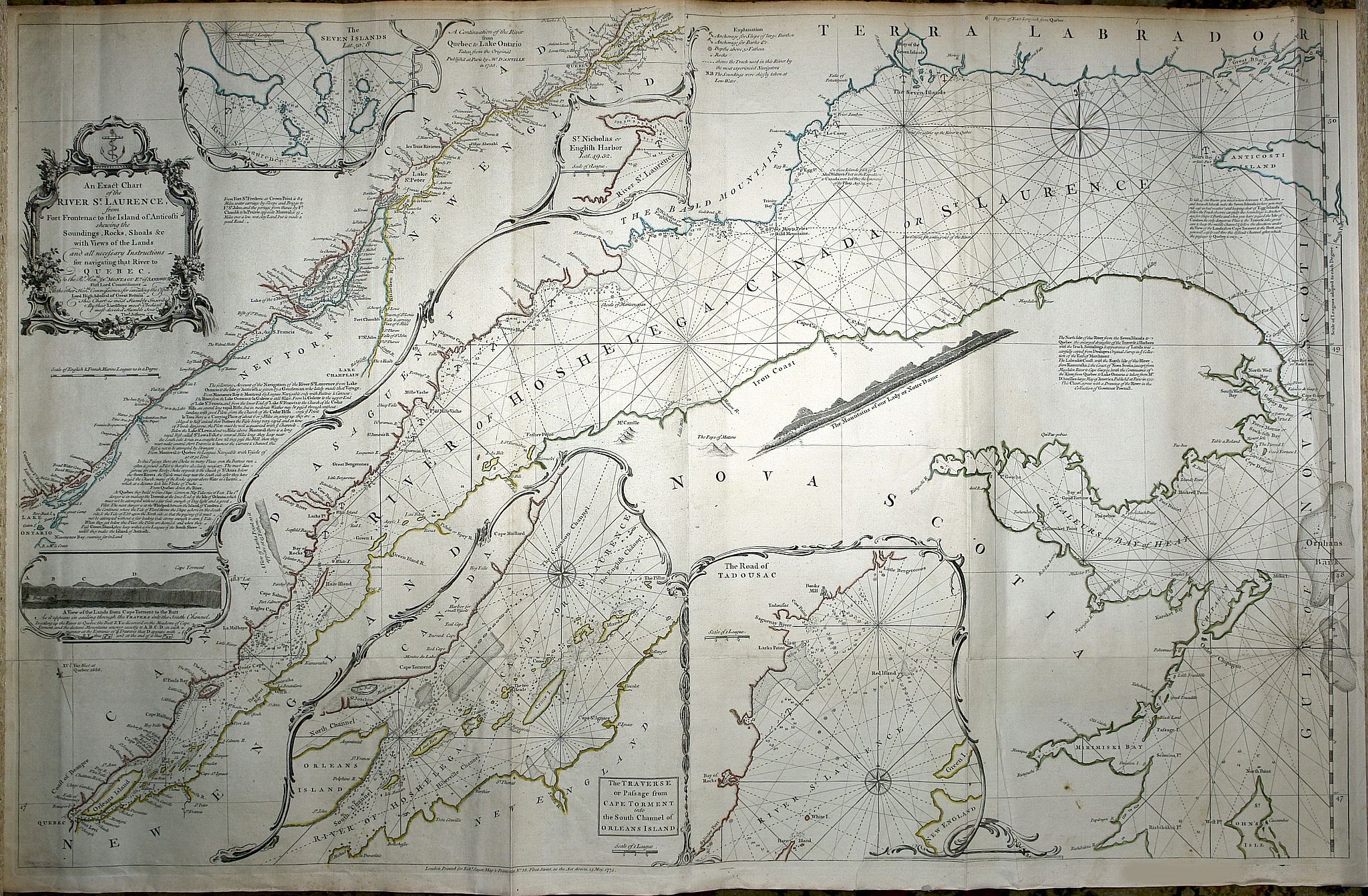 JEFFERYS, T., An exact chart of the River St. Laurence, from Fort Frontenac to the Island of Anticosti, shewing the soundings, rocks, shoals &c., antique map, old maps