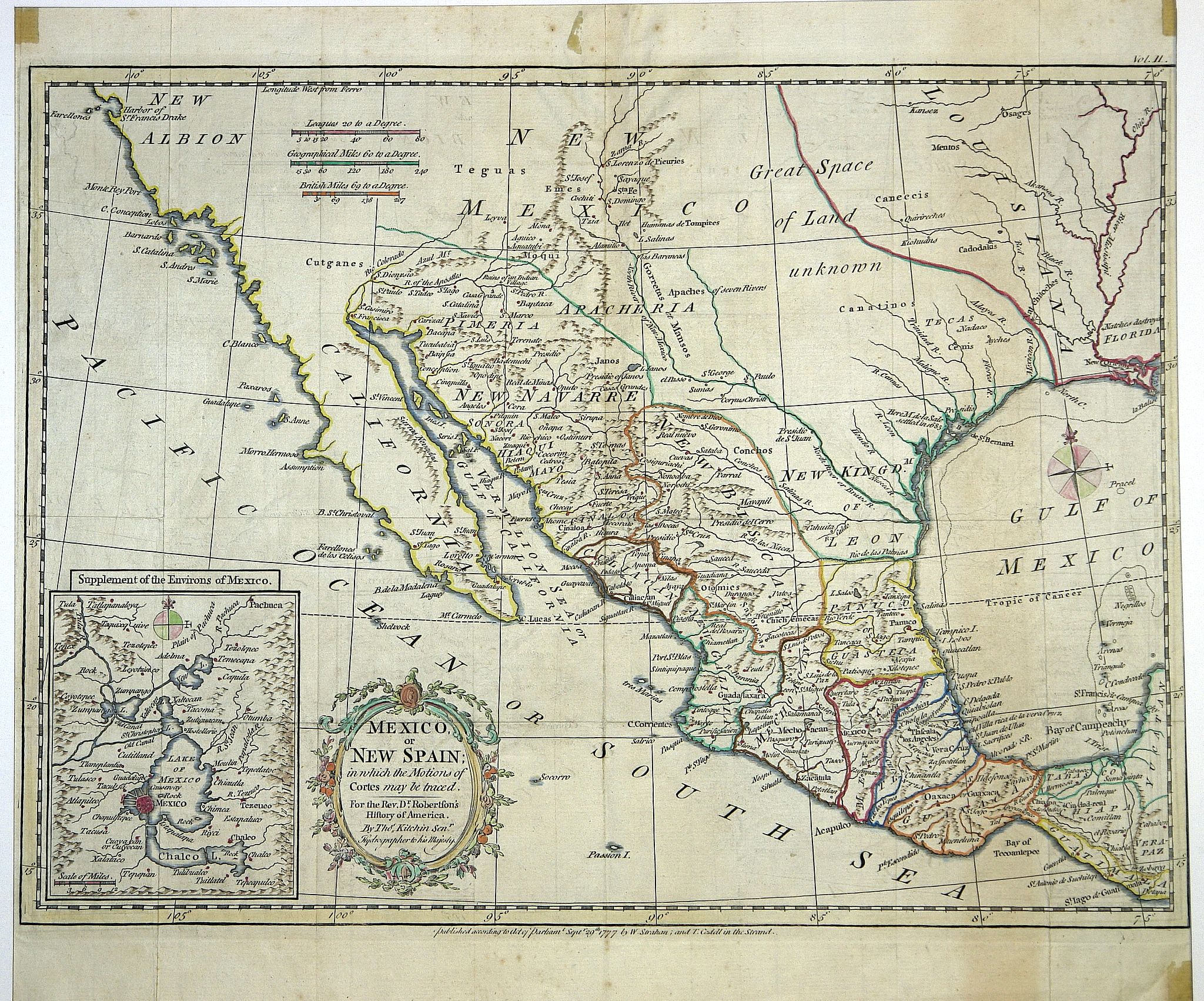 KITCHIN, Th., A new map of Mexico or New Spain in which the Motions of Cortes may be traced. . ., antique map, old maps