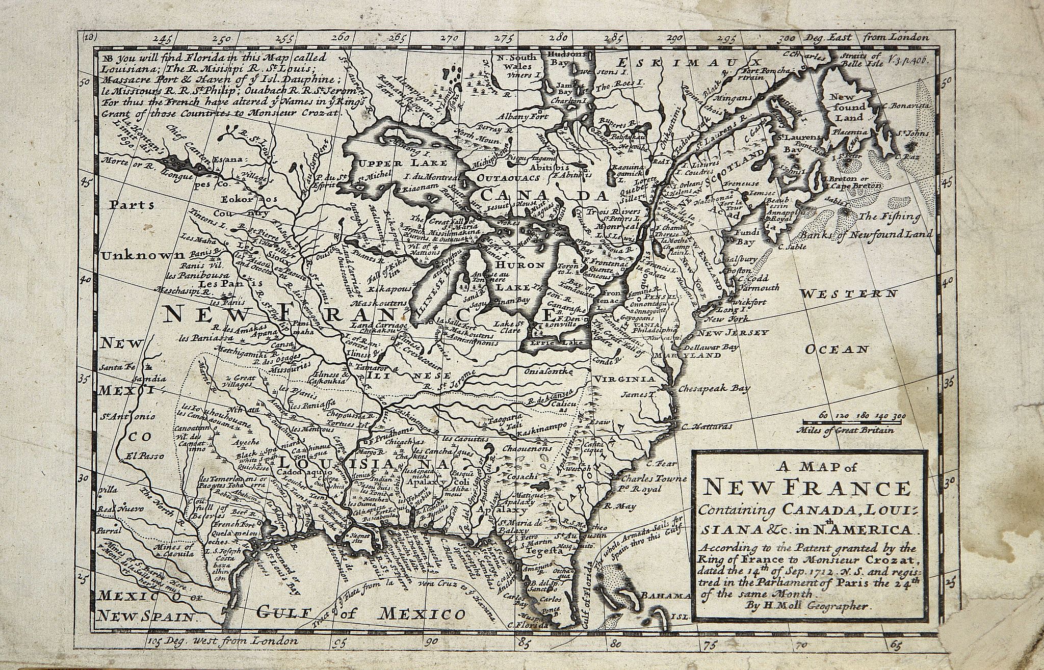 MOLL,H., A new map of New France containing Canada, Louisiana &c. in N.th America. . ., antique map, old maps