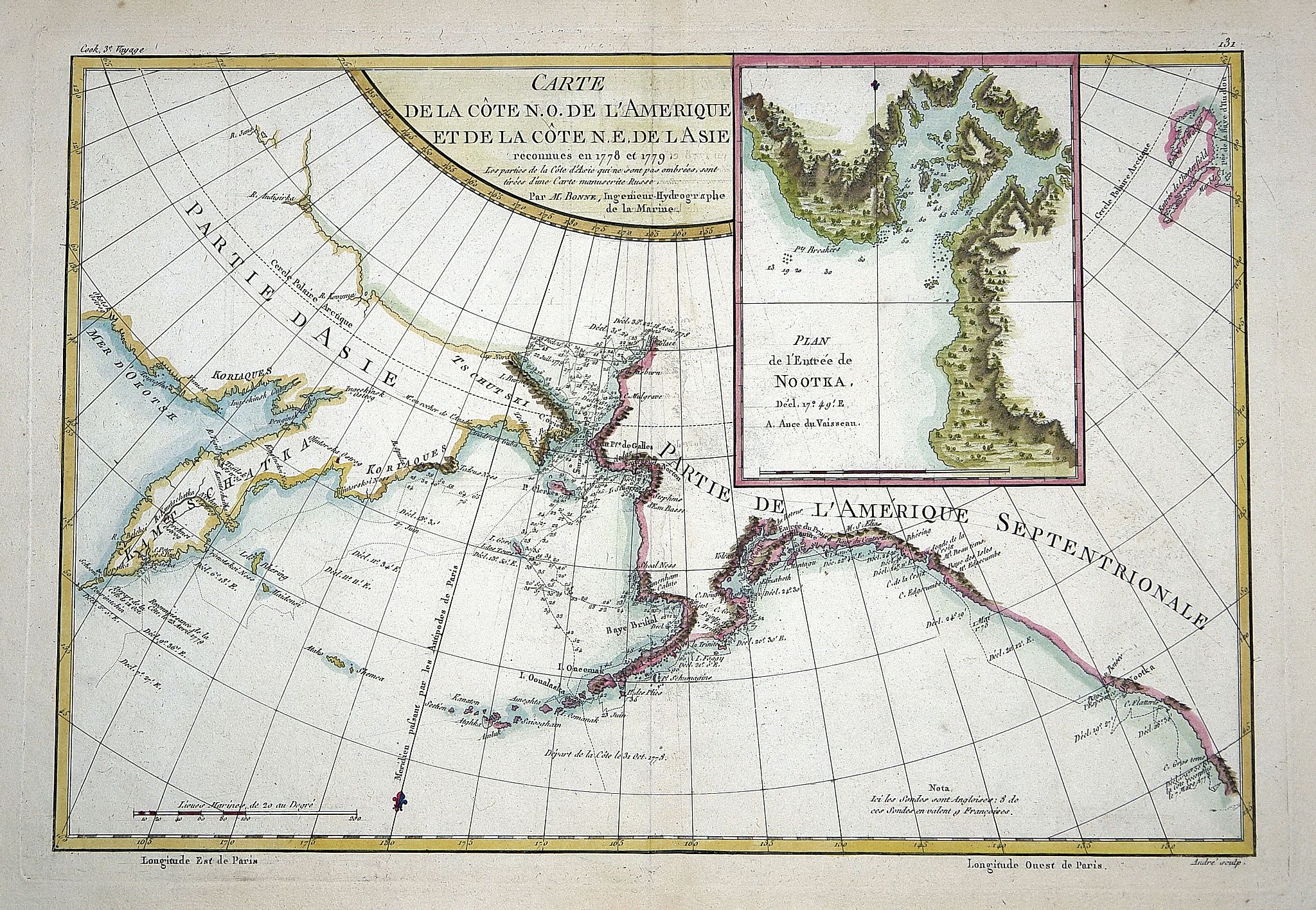 BONNE, R., Carte de la côte N. O. de l'Amérique et de la côte N. E. de l'Asie reconnues en 1778 et 1779.., antique map, old maps