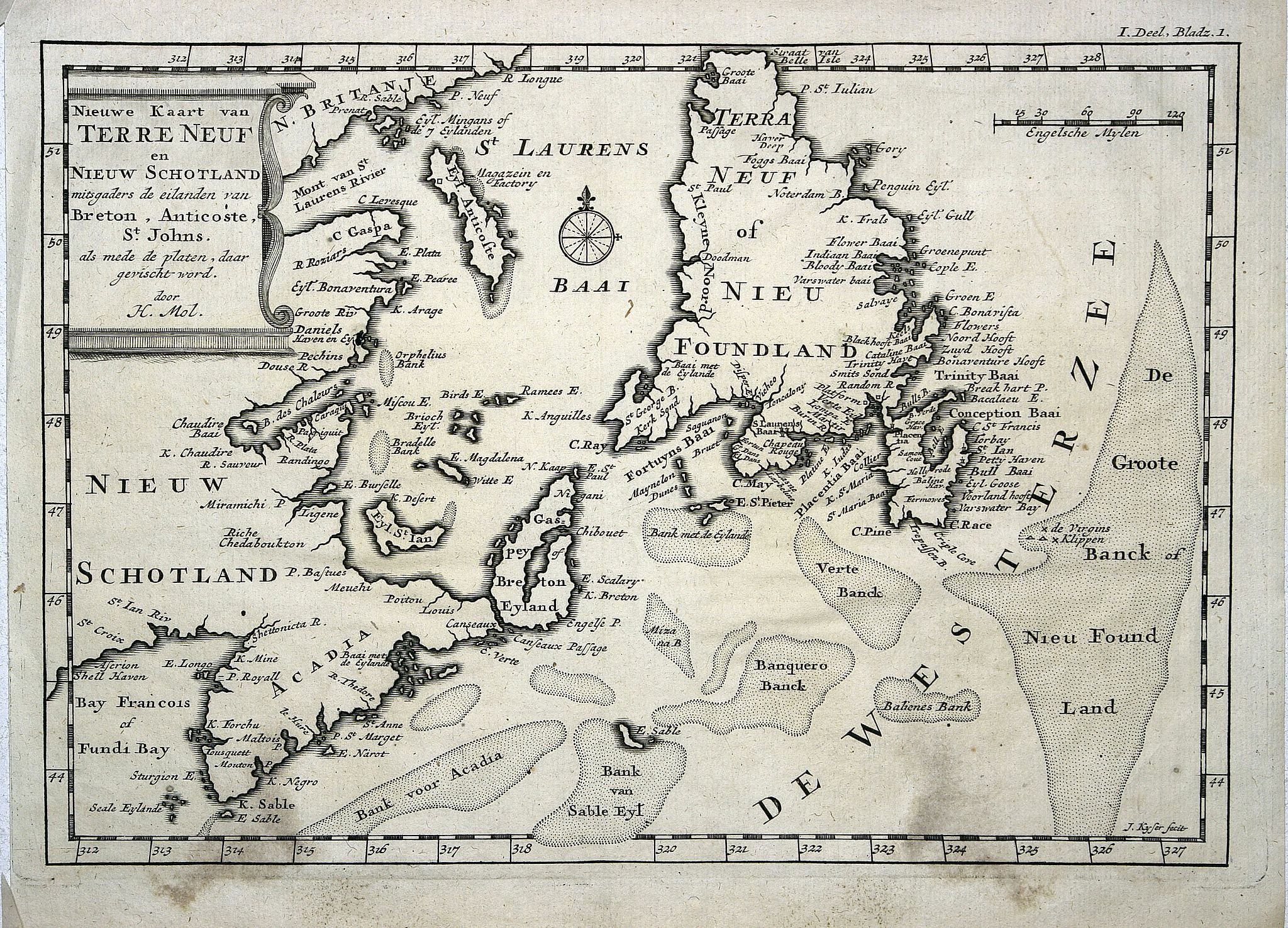 MOLL,H., Nieuwe Kaart van Terre Neuf en nieuw Schotland mitsgaders de eilanden van Breton, Anticoste, St. Johns. . ., antique map, old maps