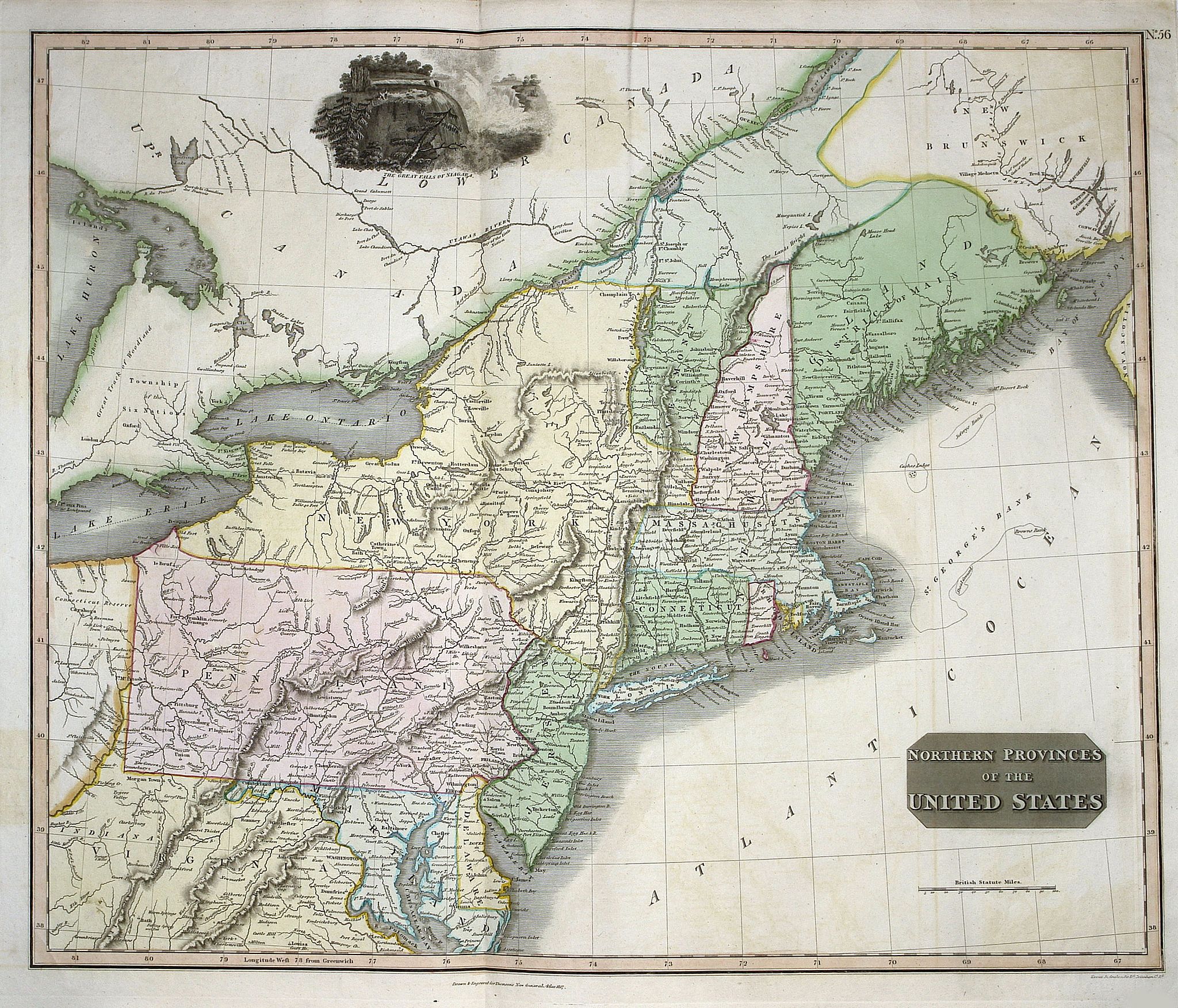 THOMSON, J., Nothern Provinces of the United States, antique map, old maps
