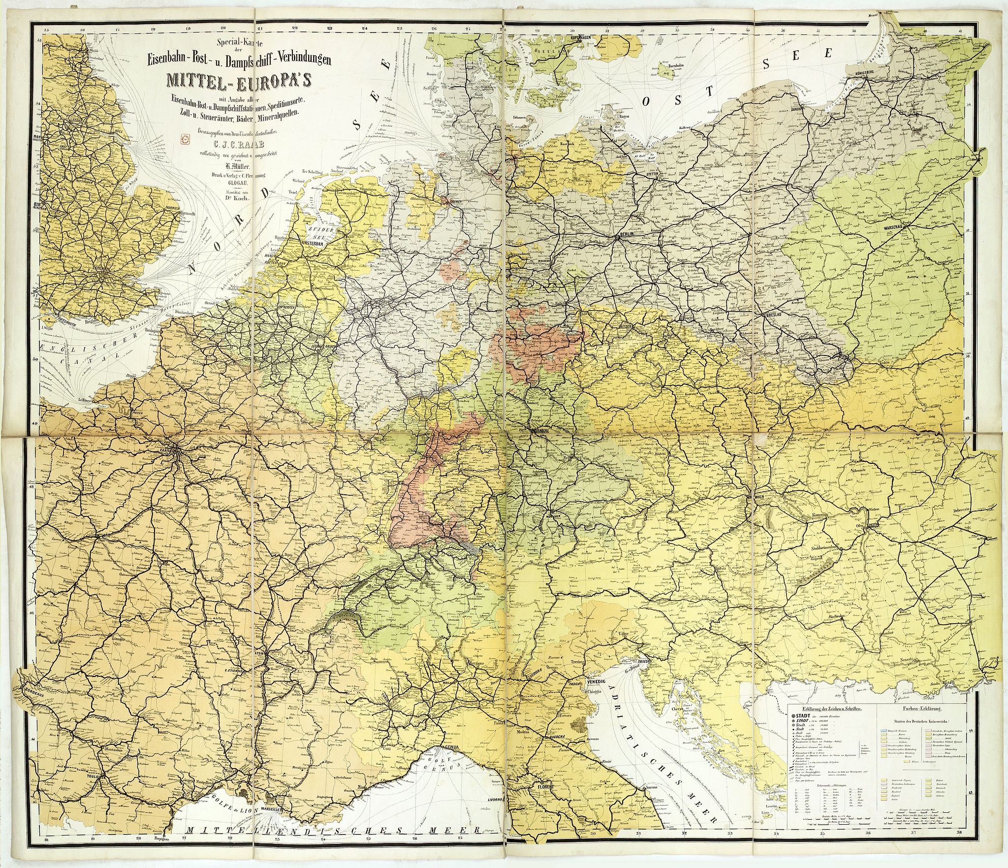 RAAB, C.J., Special-Karte der Eisenbahn- Post- u. Dampfschiff-Verbindungen Mittel-Europa's - mit Angabe aller Eisenbahn-, Post- u. Dampfschiffstationen, Speditionsorte, Zoll- u. Steuerämter, Bäder, Mineralquellen, antique map, old maps
