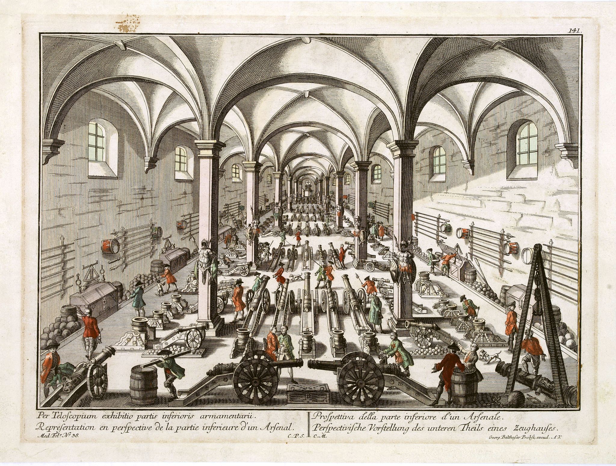 PROBST, G.B., Per telecopium exhibitio partis inferioris armamentarii. / Representation en perspective de la partie inferieure d'un arsenal. . ., antique map, old maps