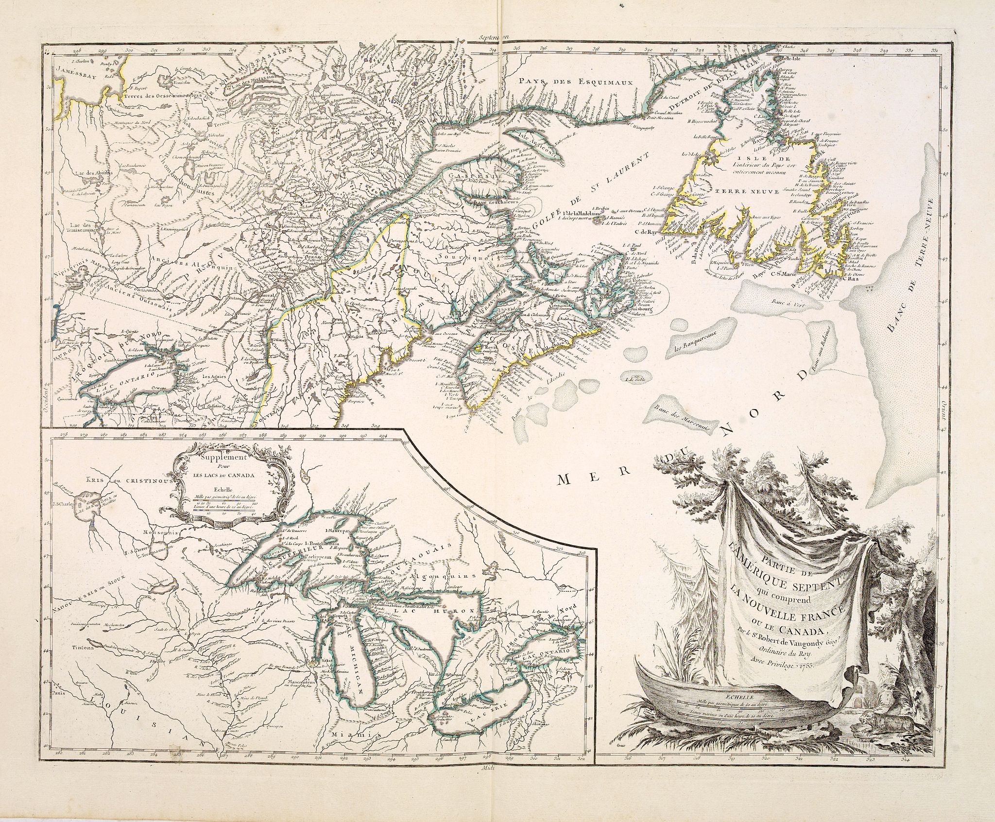 VAUGONDY, R De., Partie de l\'Amerique septent? Qui comprend la nouvelle France. . ., antique map, old maps