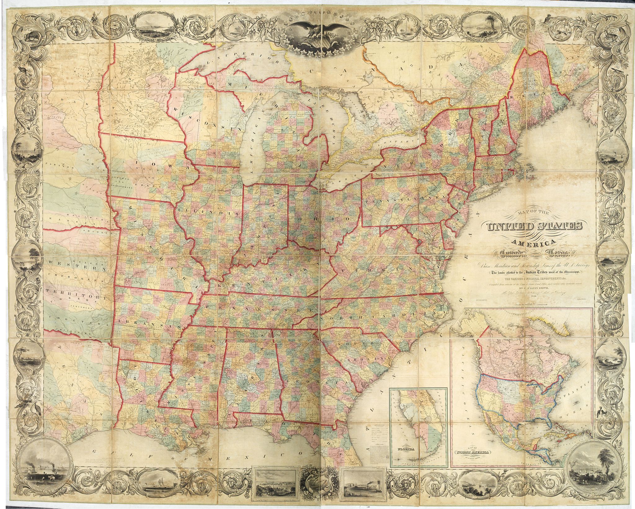 SMITH John Calvin., Map of the United States of America including Canada and a large part of Texas showing the Base Meridian and Township Lines of the Surveys, the lands allotted to the Indian Tribes west of the Mississippi, the various internal improvements &c.. . ., antique map, old maps