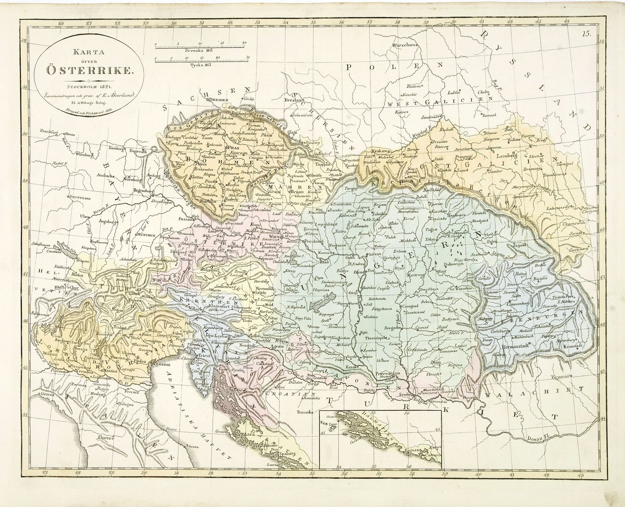 ÅKERLAND, E., Karta öfver Österrike., antique map, old maps