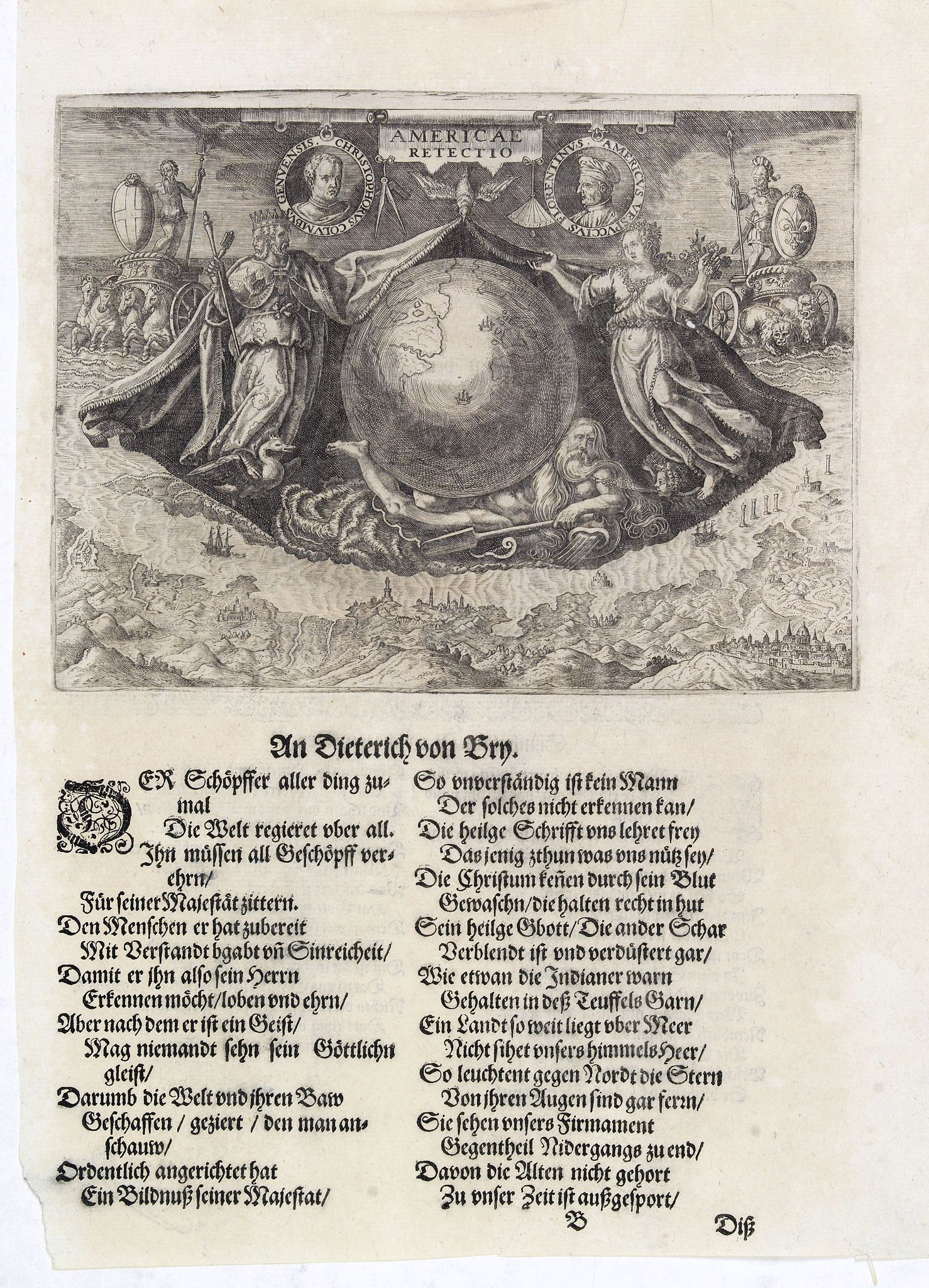 DE BRY, Th., Americae Retectio (Allegory of the Discovery of America), antique map, old maps