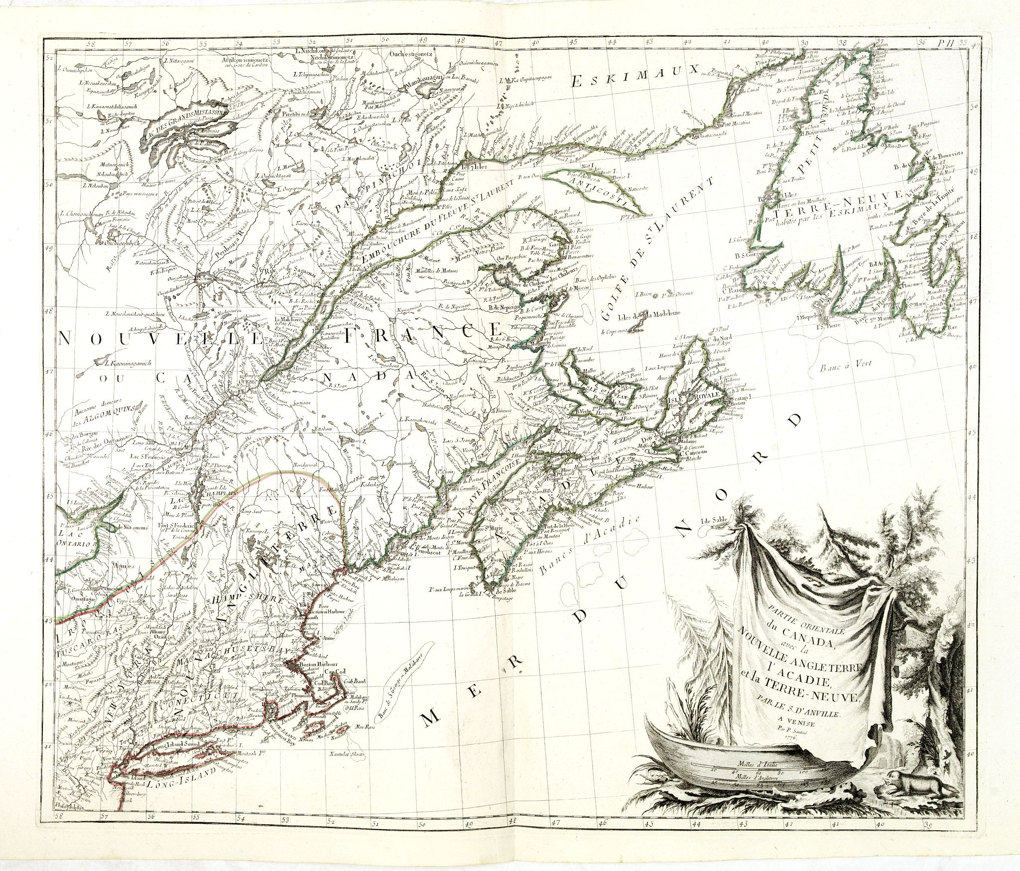 SANTINI, P. / REMONDINI, M., Partie Orientale du Canada avec la Nouvelle Angleterre. . ., antique map, old maps