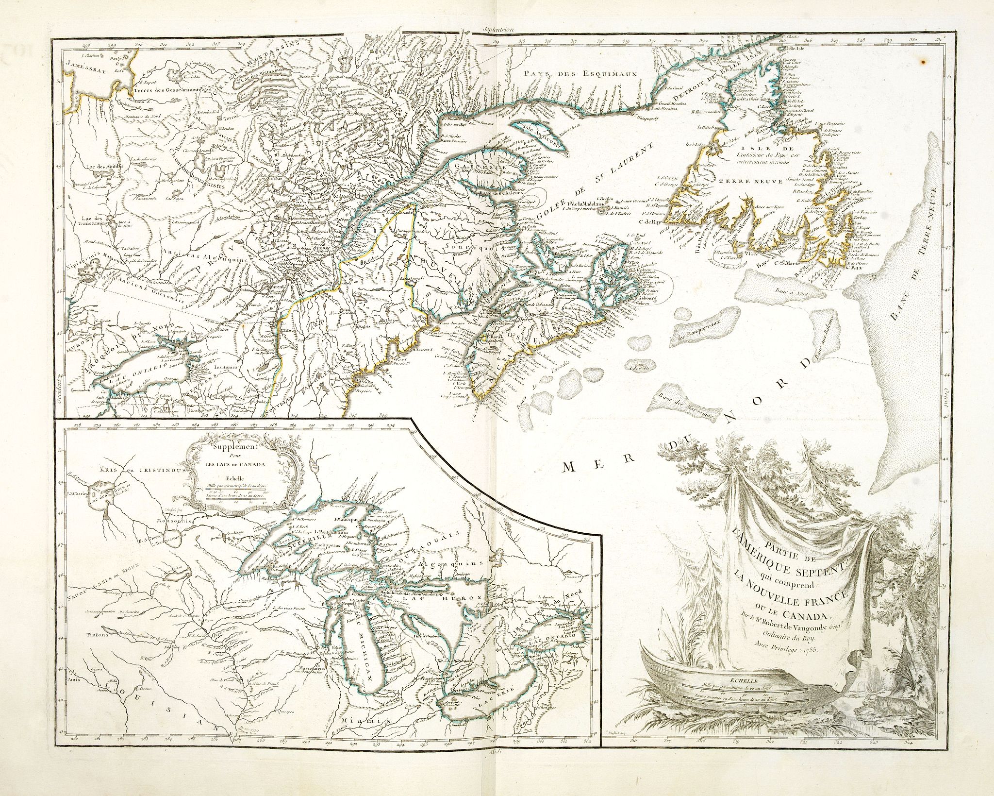 VAUGONDY, R De., Partie de l\'Amerique septent? Qui comprend la nouvelle France. . ., antique map, old maps