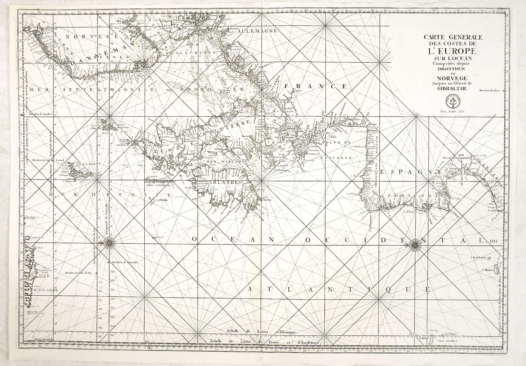 DEPÔT DE LA MARINE, Carte générale des costes de l'Europe sur l'Ocean comprises depuis Dronthem en Norvege jusques au Detroit de Gibraltar., antique map, old maps