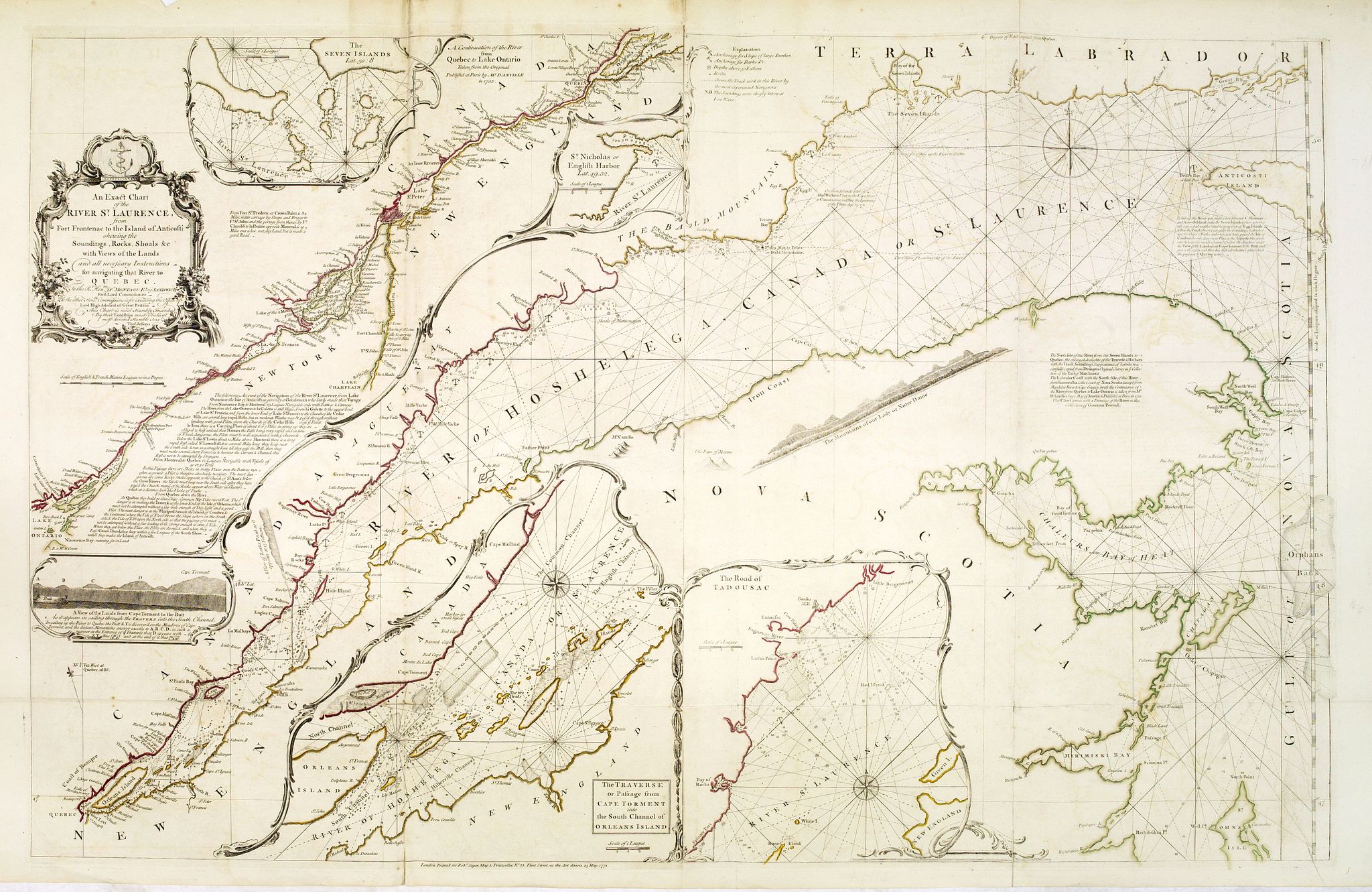 JEFFERYS, T., An exact chart of the River St. Laurence, from Fort Frontenac to the Island of Anticosti, shewing the soundings, rocks, shoals &c., antique map, old maps