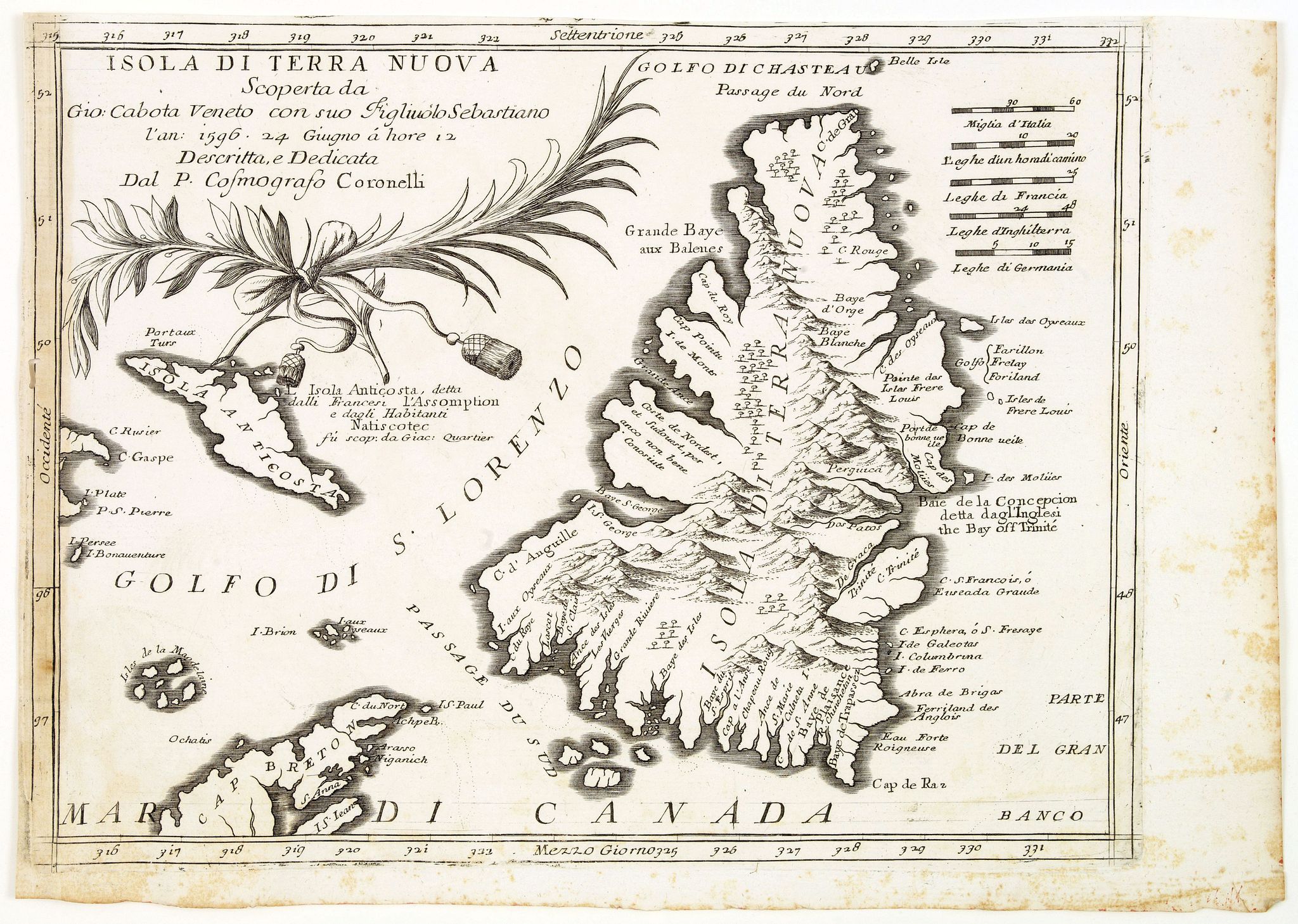 CORONELLI, V.M., Isola Di Terra Nuova Scoperta da Gio: Cabota Veneto con suo Figliuso Sebastiano l'an 1596 24 Giugno a hore 12 . . ., antique map, old maps
