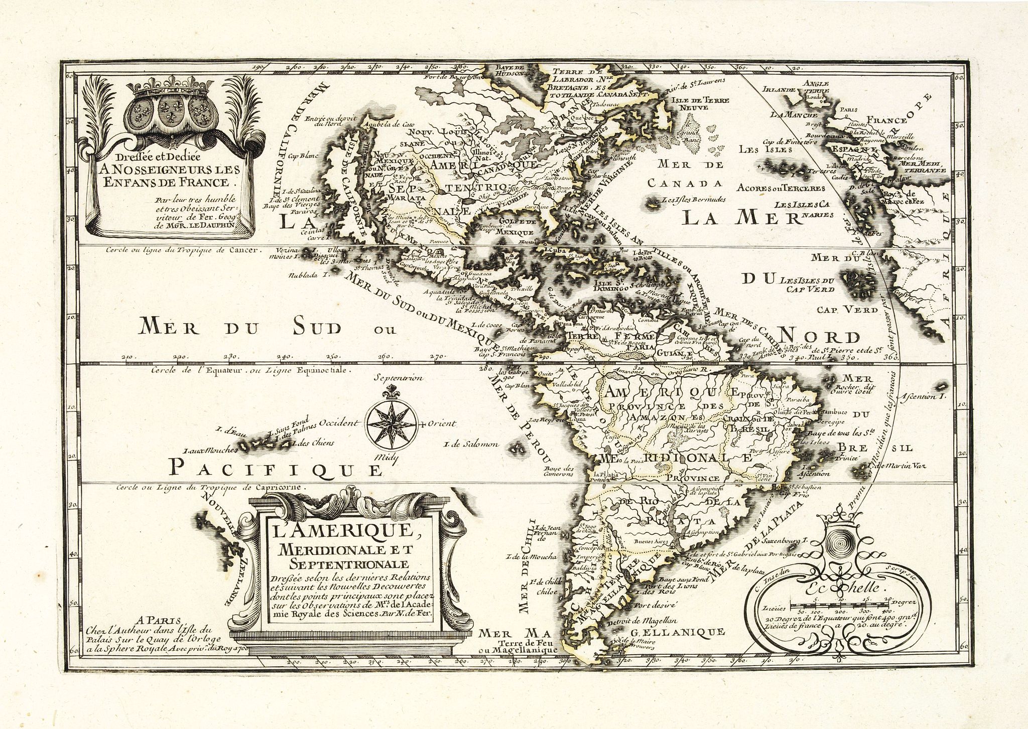 DE FER, N., L\'Amerique, Meridionale et Septentrionale., antique map, old maps