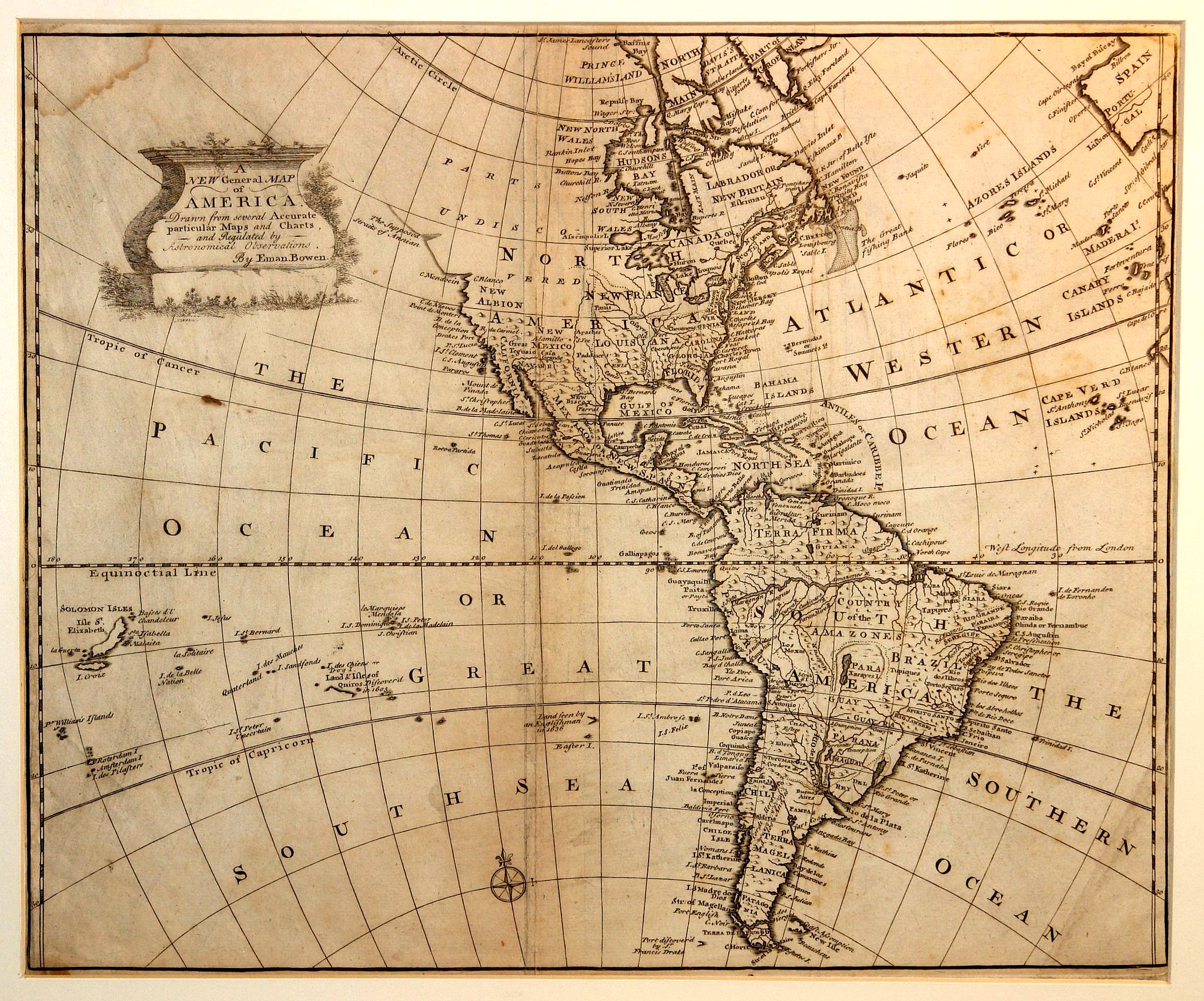 BOWEN, E., A new general map of America drawn from several.., antique map, old maps