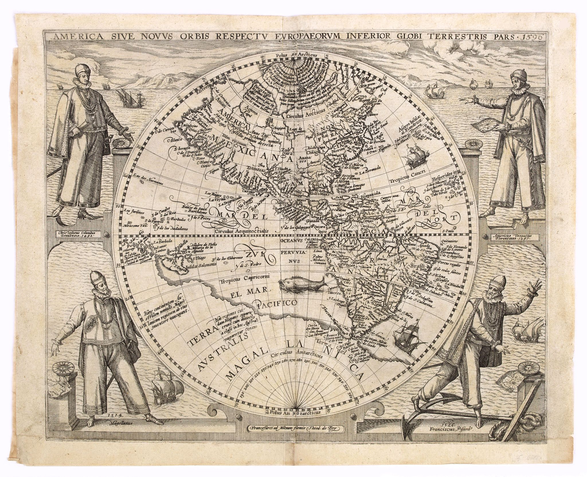 DE BRY, Th., America sive novus orbis respectu Europaeorum inferior globi terrestris pars 1596., antique map, old maps
