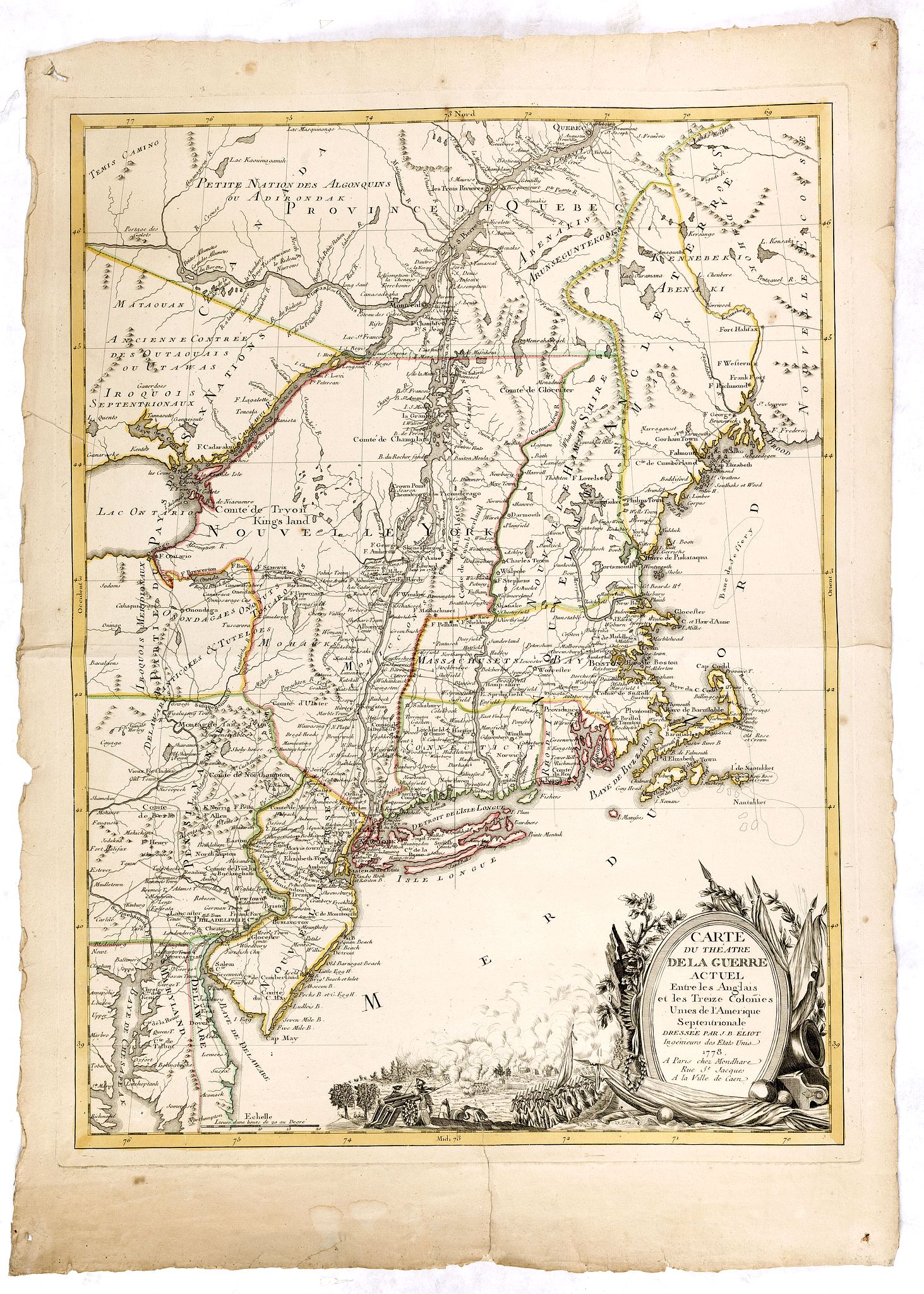 ELIOT, J.B., Carte du Theatre de la Guerre actuel entre les Anglais et les Trieze Colonies Unies de l'Amerique Septentrionale dresse par J.B. Eliot, antique map, old maps