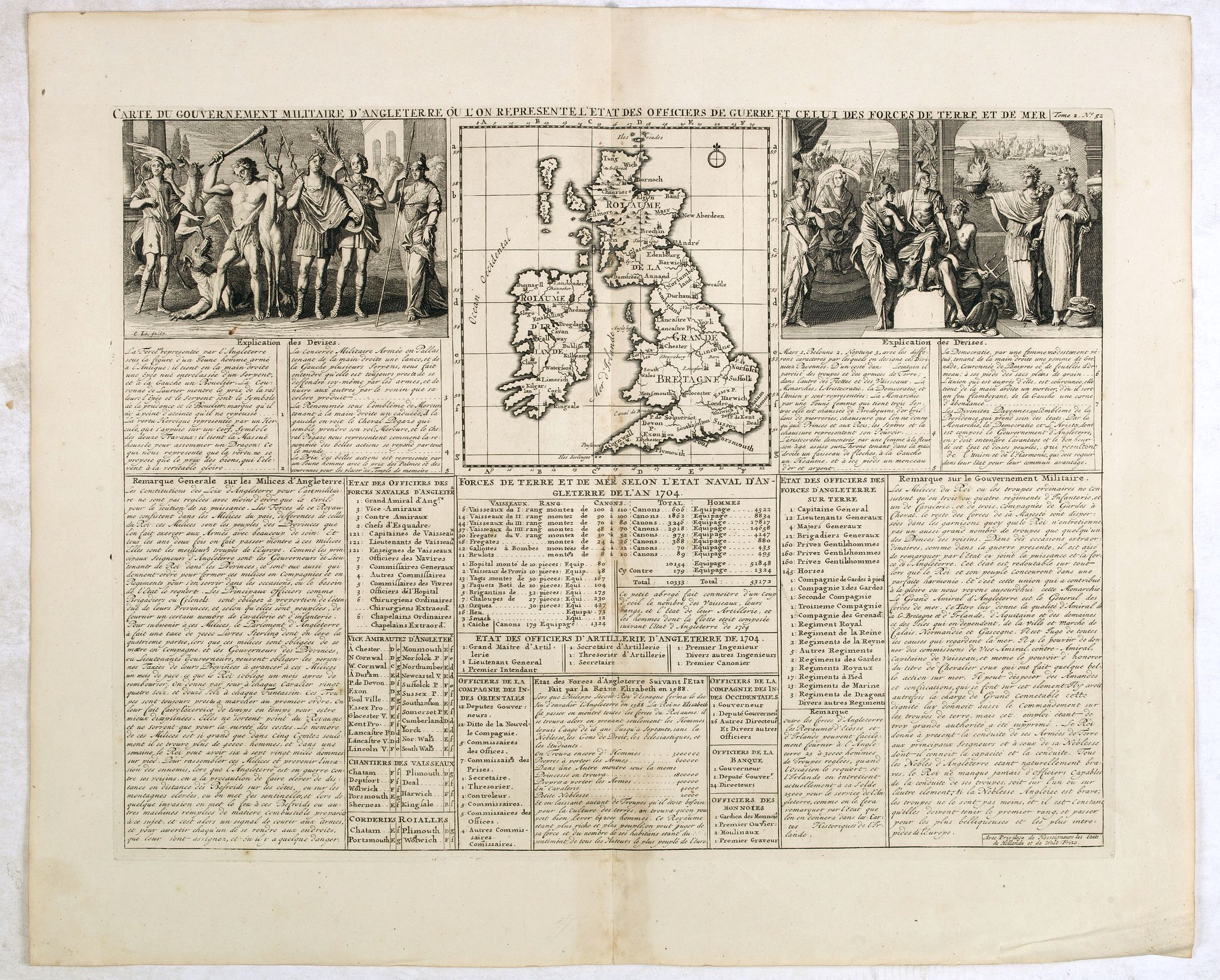 CHATELAIN, H., Carte du gouvernement militaire d'Angleterre où l'on représente l'état des officiers de guerre et celui des forces de terre et de mer., antique map, old maps