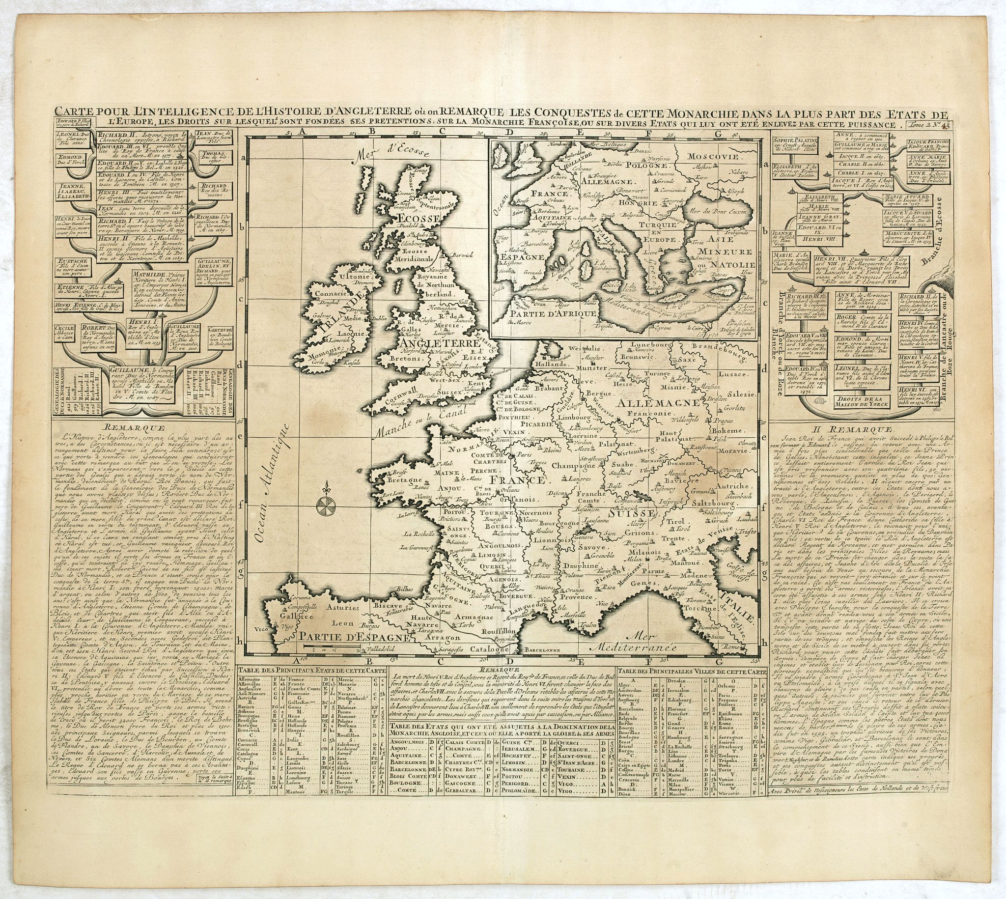 CHATELAIN, H., Carte pour l'intelligence de l'Histoire d'Angleterre où on remarque les conquêtes de cette monarchie dans la plupart des états de l'Europe, les droits sur lesquels sont fondées ses prétentions sur la monarchie sur divers états qui lui ont été…, antique map, old maps