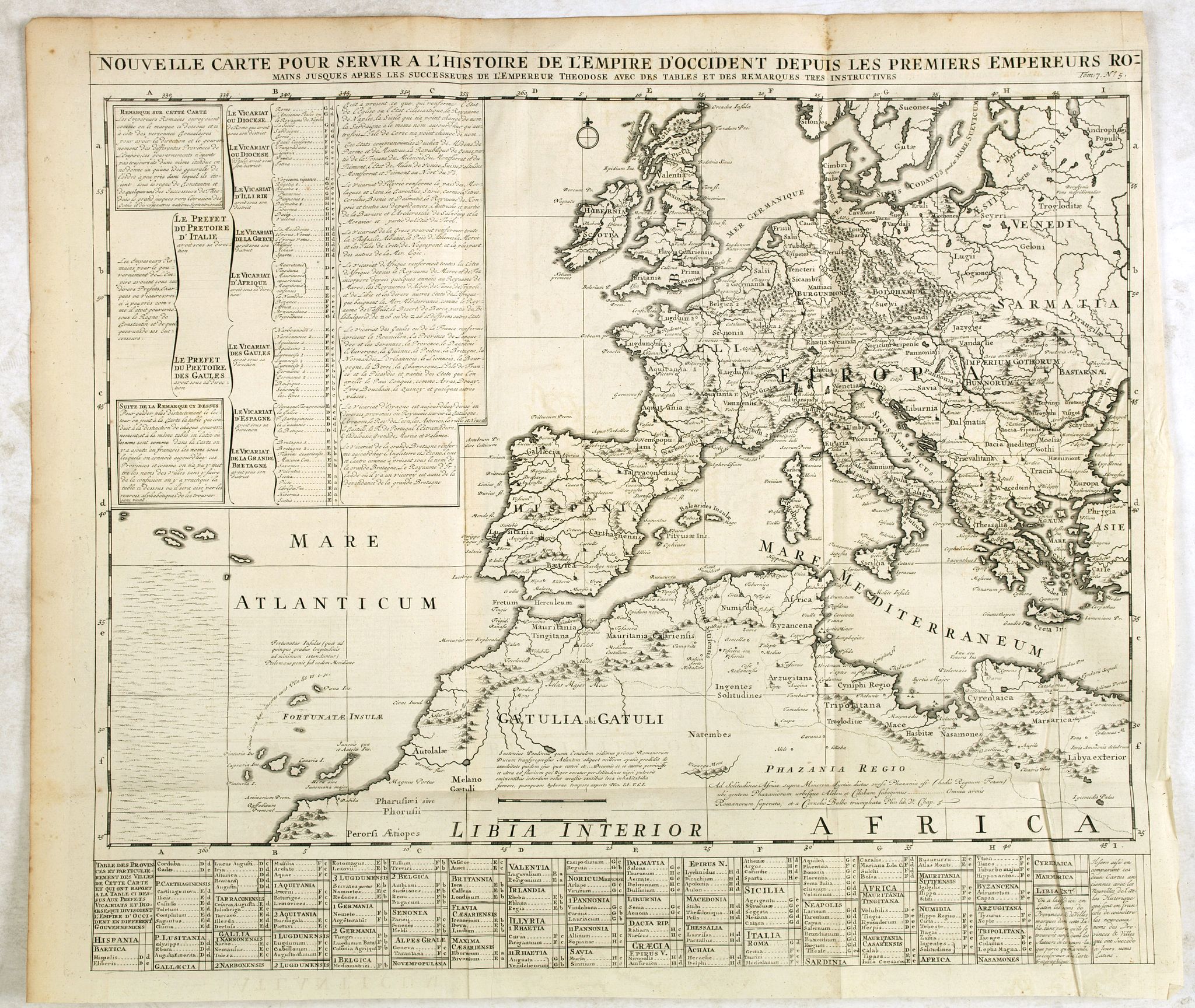 CHATELAIN, H., Nouvelle carte pour servir a l'Histoire de l'Empire d'Occident depuis les premiers Empereurs Romains jusques apres les successeurs de l'Empereur Theodose avec des tables et des remarques trés instructives., antique map, old maps