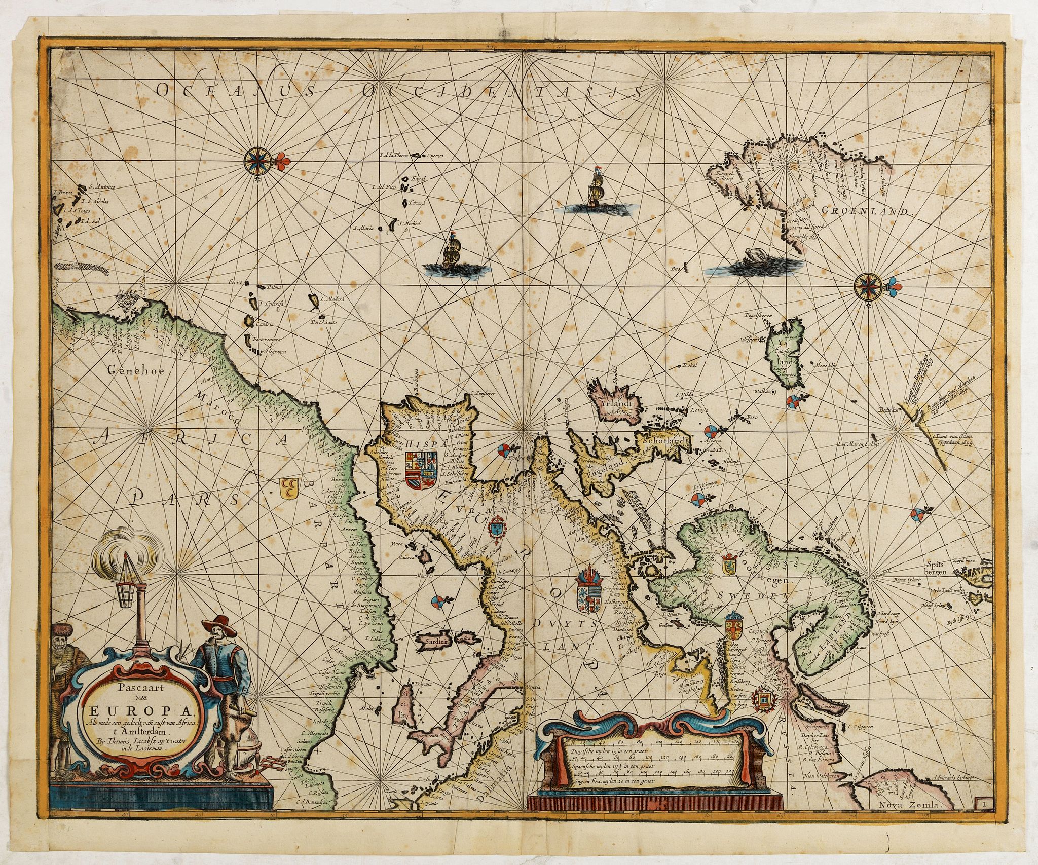 THEUNIS JACOBSZ, Pascaart van Europa. Alsmede een gedeelte van cust van Africa. . ., antique map, old maps