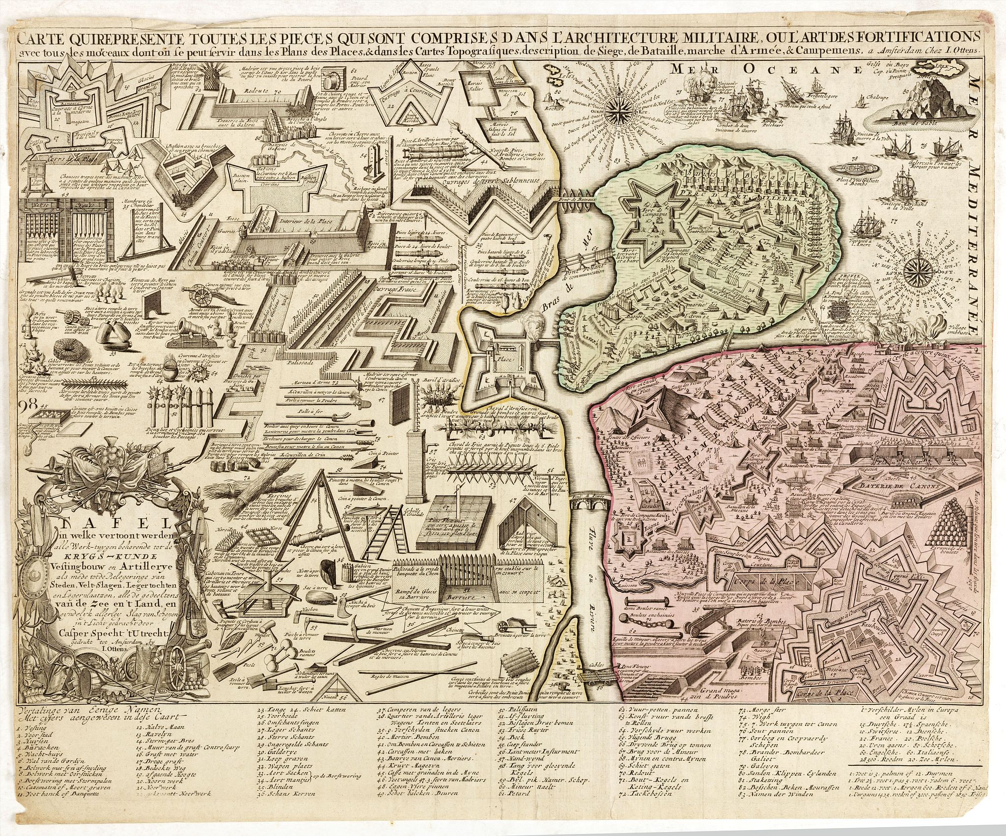 OTTENS, R., CARTE QUI REPRESENTE TOUTES LES PIECES QUI SONT COMPRISE DANS L'ARCHITECTURE MILITAIRE OU L'ART DES FORTIFICATIONS…, antique map, old maps