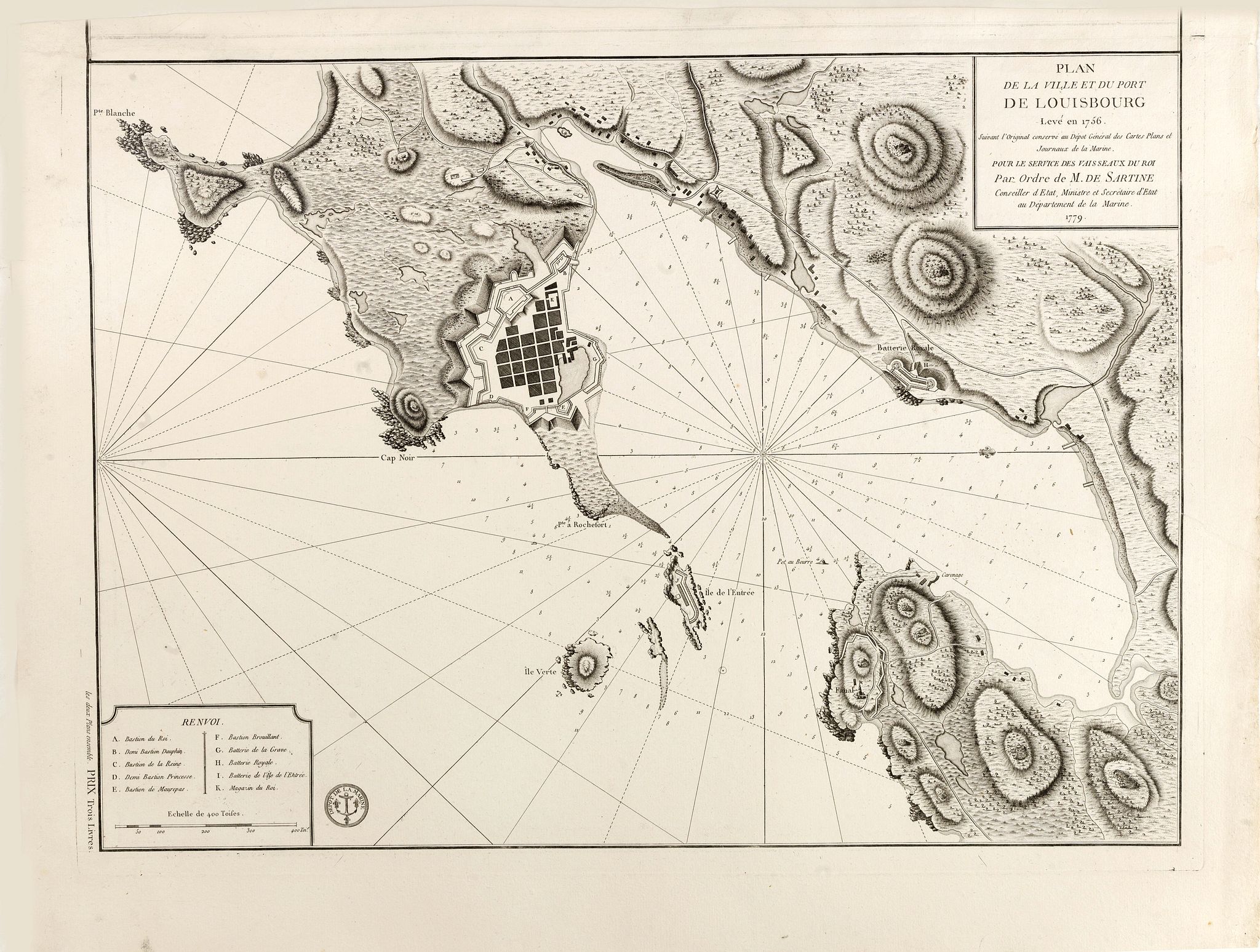 DEPOT GÉNÉRAL DE LA MARINE, Plan du Port et Ville de Louisbourg levé en 1756…, antique map, old maps